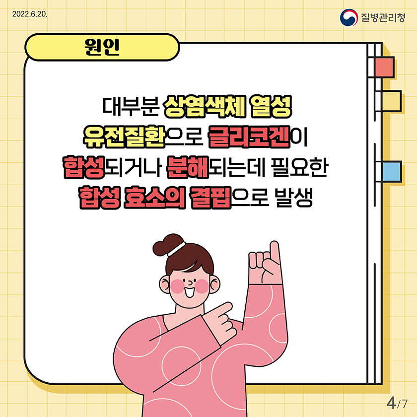 원인 : 대부분 상염색체 열성 유전질환으로 글리코겐이 합성되거나 분해되는데 필요한 효소의 결핍으로 발생 4/7