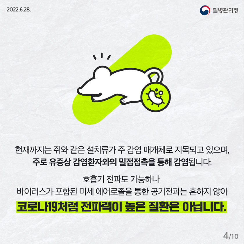 현재까지는 쥐와 같은 설치류가 주 감염 매개체로 지목되고 있으며, 주로 유증상 감염환자와의 밀접접촉을 통해 감염됩니다. 호흡기 전파도 가능하나 바이러스가 포함된 미세 에어로졸을 통한 공기전파는 흔하지 않아 코로나19처럼 전파력이 높은 질환은 아닙니다.