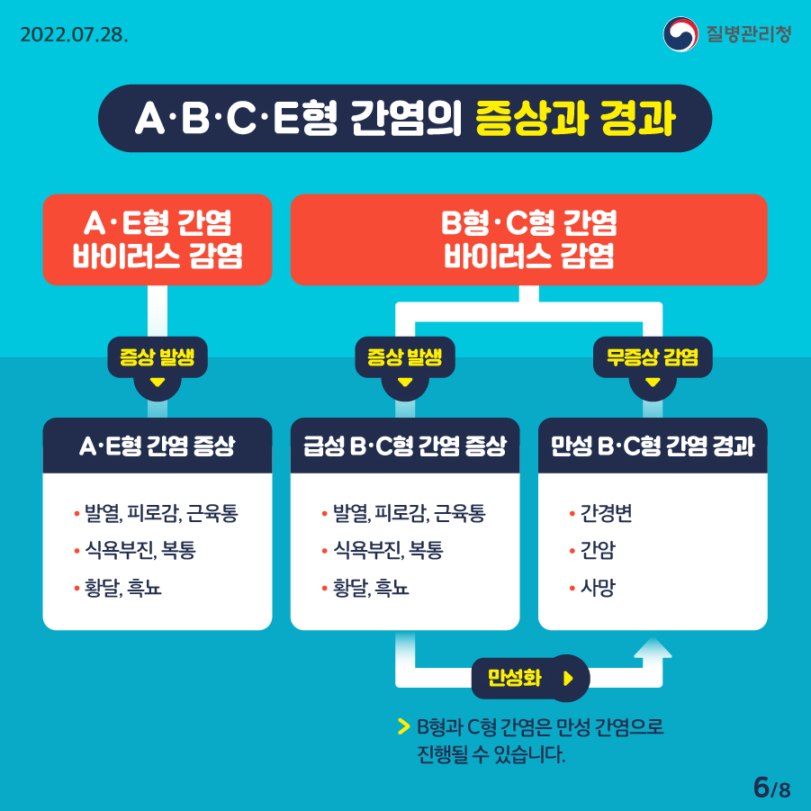 [2022년 7월 28일 질병관리청] A∙B∙C∙E형 간염의 증상과 경과. A·E형 간염 바이러스 감염 - 증상발생》 A·E형 간염 증상 *발열, 피로감, 근육통 *식욕부진,복통 *황달,흑뇨. B형·C형 간염 바이러스 감염- 증상발생》급성 B·C형 간염 증상 *발열,피로감,근육통*식욕부진,복통*황달,흑뇨 -만성화(B형과 C형 간염은 만성 간염으로 진행될 수 있습니다.)》만성 B·C형 간염 경과 * 간경변*간암*사망. B형·C형 간염 바이러스 감염- 무증상 감염》만성 B·C형 간염 경과 * 간경변*간암*사망.[8페이지 중 6페이지]