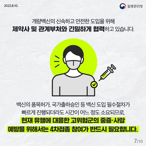 개량백신의 신속하고 안전한 도입을 위해 제약사 및 관계부처와 긴밀하게 협력하고 있습니다. 백신의 품목허가, 국가출하승인 등 백신 도입 필수절차가 빠르게 진행되더라도 시간이 어느 정도 소요되므로, 현재 유행에 대응한 고위험군의 중증·사망 예방을 위해서는 4차접종 참여가 반드시 필요합니다.