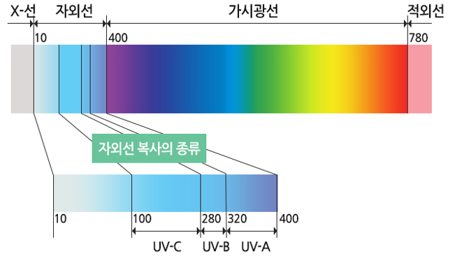 X-선 : 0~10
자외선 : 10~400
가시광선 : 400~780
적외선 : 780~
자외선 복사의 종류
UV-C : 100~280
UV-B : 280~320
UV-A : 320~400