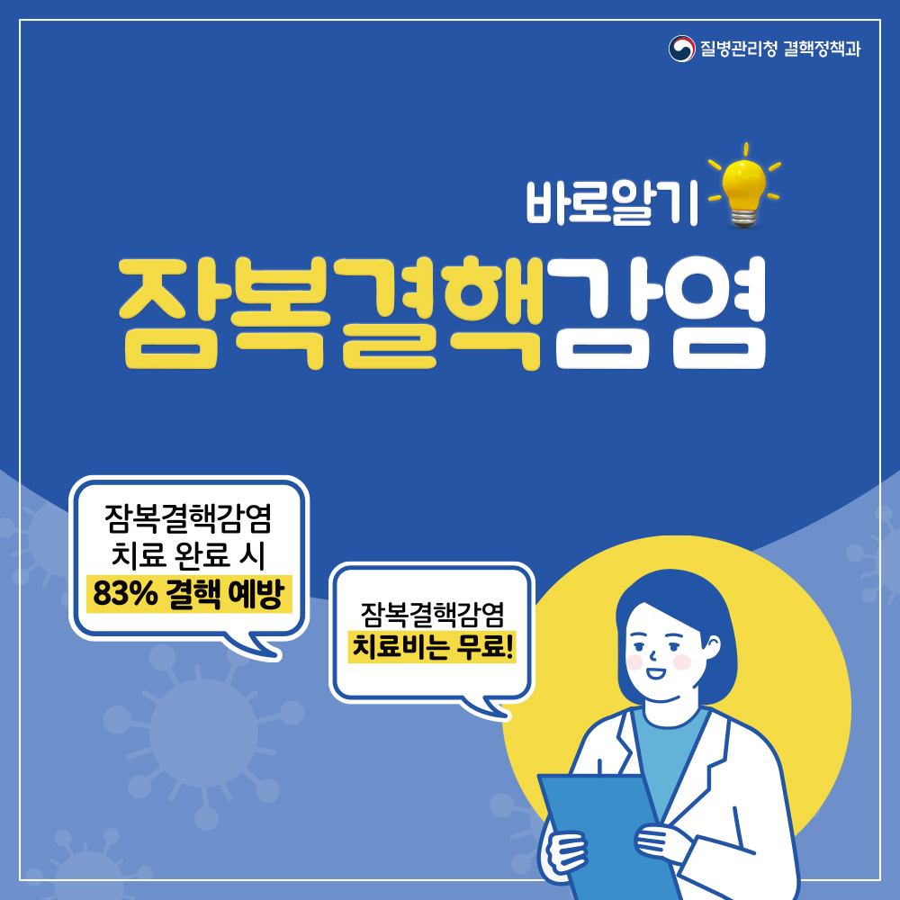 질병관리청 결핵정책과 잠복결핵감염 바로알기 잠복결핵감염 치료 완료시 83% 결핵 예방 잠복결핵감염 치료비는 무료!