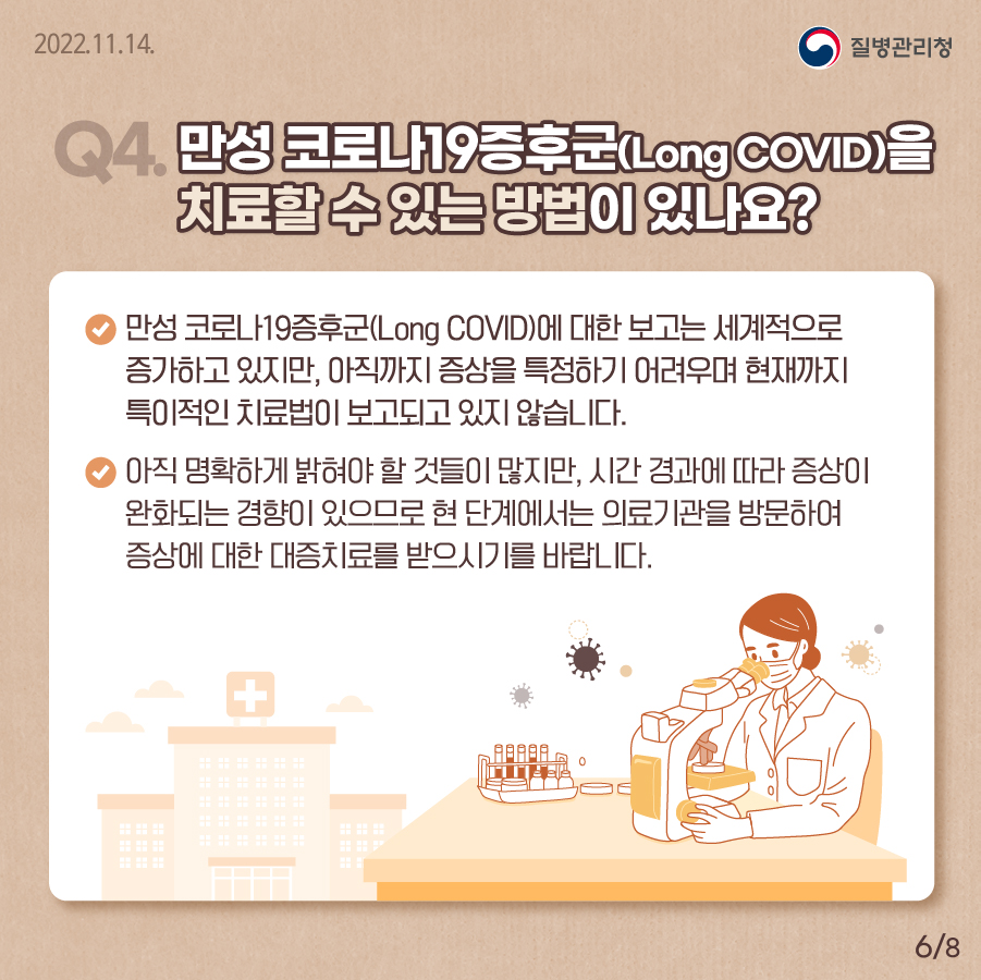 Q4. 만성 코로나19증후군(Long COVID)을 치료할 수 있는 방법이 있나요? 만성 코로나19증후군(Long COVID)에 대한 보고는 세계적으로 증가하고 있지만, 아직까지 증상을 특정하기 어려우며 현재까지 특이적인 치료법이 보고되고 있지 않습니다. 아직 명확하게 밝혀야 할 것들이 많지만, 시간 경과에 따라 증상이 완화되는 경향이 있으므로 현 단계에서는 의료기관을 방문하여 증상에 대한 대증치료를 받으시기를 바랍니다.