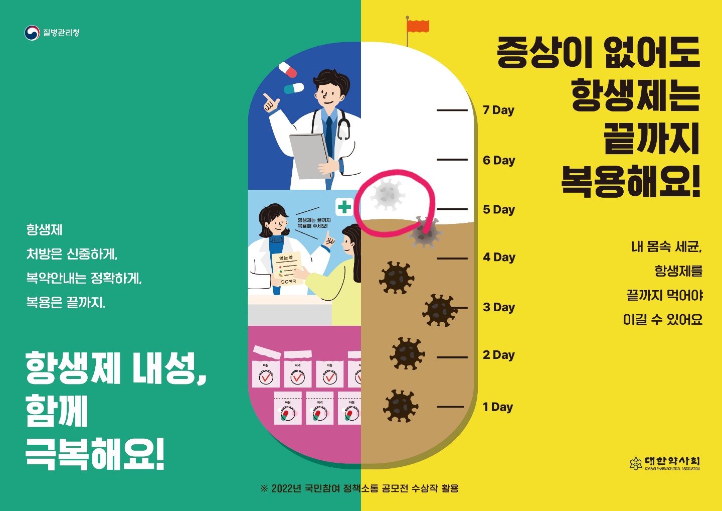 증상이 없어도 항생제는 끝까지 복용해요!, 내 몸속 세균, 항생제를 끝까지 먹어야 이길 수 있어요, 항생제 내성, 함께 극복해요!, 항생제 처방은 신중하게, 복약안내는 정확하게, 복용은 끝까지.