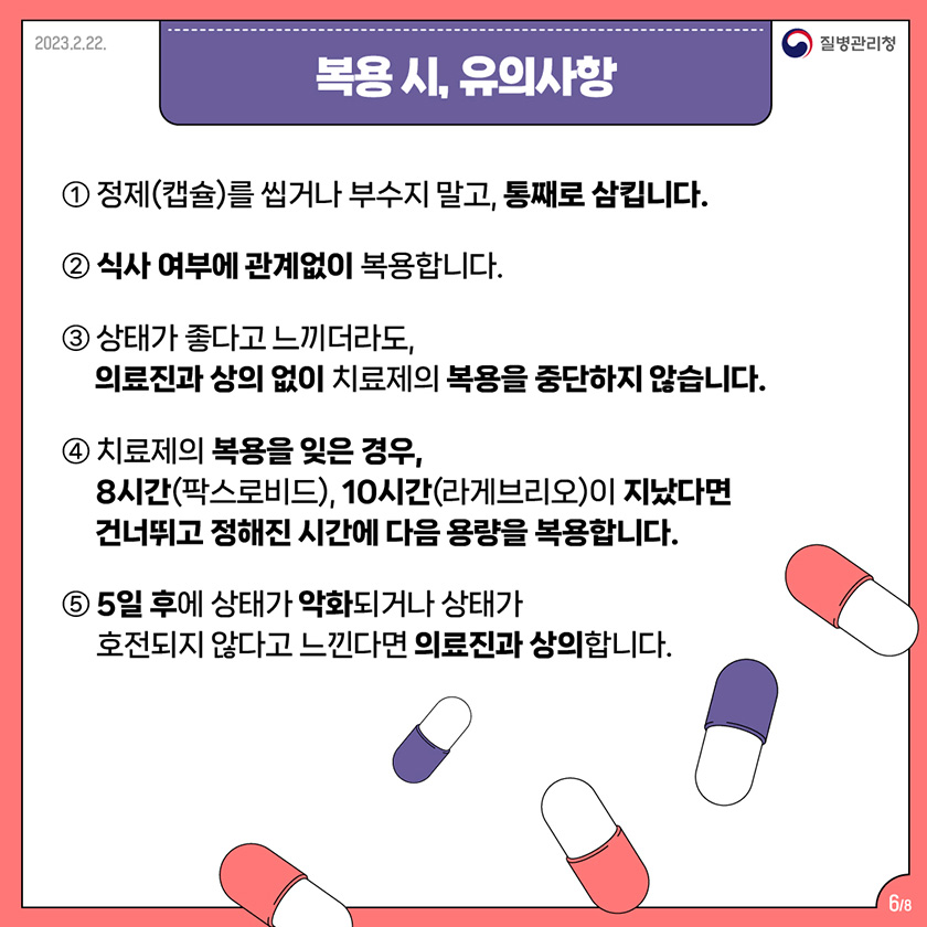 복용 시, 유의사항 1. 정제(캡슐)를 씹거나 부수지 말고, 통째로 삼킵니다. 2. 식사 여부에 관계없이 복용합니다. 3. 상태가 좋다고 느끼더라도, 의료진과 상의 없이 치료제의 복용을 중단하지 않습니다. 4. 치료제의 복용을 잊는 경우, 8시간(팍스로비드), 10시간(라게브리오)이 지났다면 건너뛰고 정해진 시간에 다음 용량을 복용합니다. 5. 5일 후에 상태가 악화되거나 상태가 호전되지 않다고 느낀다면 의료진과 상의합니다.