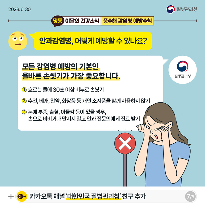 [2023년 6월 30일 질병관리청] 안과감염병, 어떻게 예방할 수 있나요? 모든 감염병 예방의 기본인 올바른 손씻기가 가장 중요합니다. 1. 흐르는 물에 30초 이상 비누로 손씻기 2. 수건, 베개, 안약, 화장품 등 개인 소지품을 함께 사용하지 않기 3. 눈에 부종, 출혈, 이물감 등이 있을 경우, 손으로 비비거나 만지지 말고 안과전문의에게 진료 받기 [8페이지 중 7페이지]