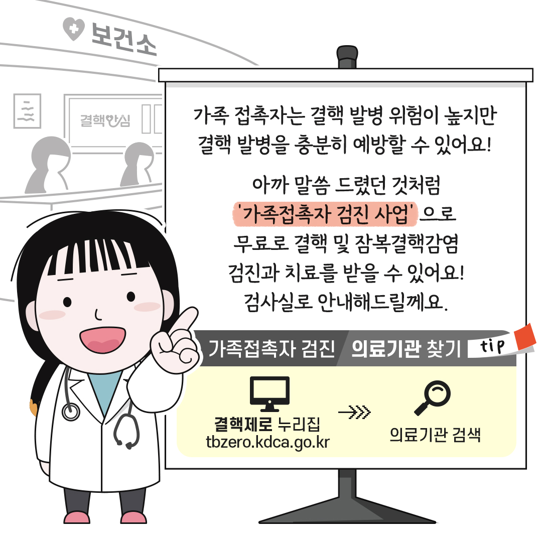 보건소 가족접촉자는 결핵 발병 위험이 높지만 결핵 발병을 충분히 예방할 수 있어요! 아까 말씀 드렸던 것처럼 '가족접촉자 검진 사업'으로 무료로 결핵 및 잠복결핵감염 검진과 치료를 받을 수 있어요! 검사실로 안내해드릴께요. 가족접촉자 검진 의료기관 찾기 tip 결핵제로 누리집 tbzero.kdca.go.kr > 의료기관 검색