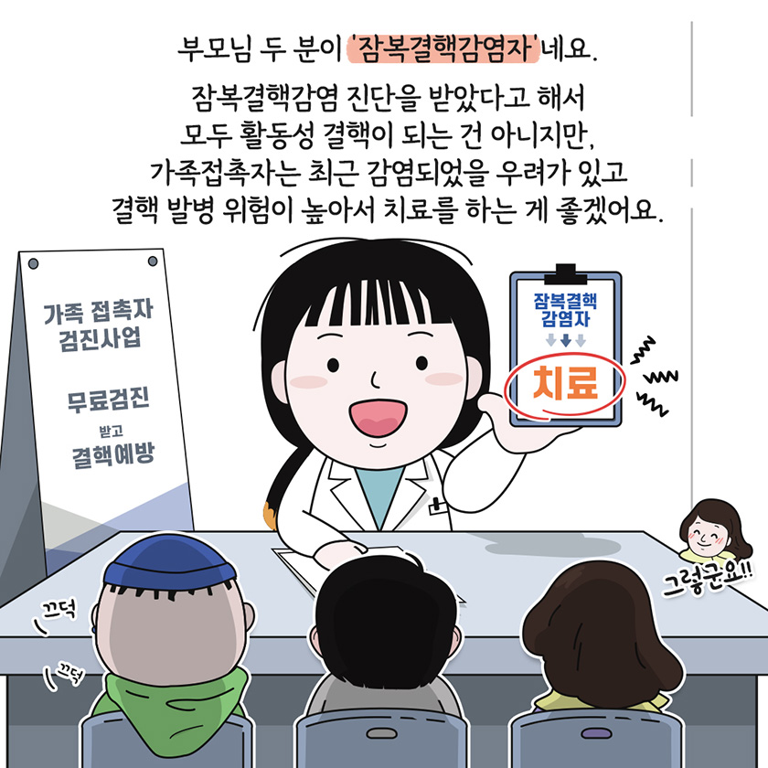 부모님 두 분이 잠복결핵감염자 네요. 잠복결핵감염 진단을 받았다고 해서 모두 활동성 결핵이 되는 건 아니지만, 가족접촉자는 최근 감염되었을 우려가 있고 결핵 발병 위험이 높아서 치료를 하는 게 좋겠어요. 가족접촉자 검진사업 무료검진 받고 결핵 예방 잠복결핵 감염자 치료 끄덕끄덕 그렇군요!!