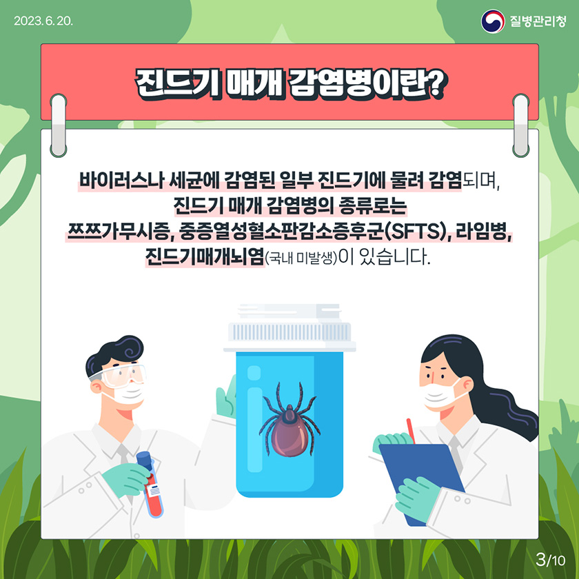 [2023년 6월 30일 질병관리청] 진드기매개 감염병이란? 바이러스나 세균에 감염된 일부 진드기에 물려 감염되며, 진드기 매개 감염병의 종류로는 쯔쯔가무시증, 중증열성혈소판감소증후군(SFTS),라임병, 진드기매개뇌염(국내 미발생)이 있습니다. [10페이지 중 3페이지]