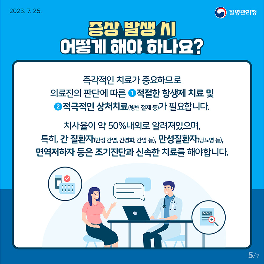 [2023년 7월 25일 질병관리청] 증상 발행 시 어떻게 해야 하나요? 즉각적인 치료가 중요하므로 의료진의 판단에 따른 적절한 항생제 치료 및 적극적인 상처치료(병변 절제 등)가 필요합니다. 치사율이 약 50%내외로 알려져있으며, 특히, 간 질환자 (만성 간염, 간경화, 간암 등), 만성질환자(당뇨병 등), 면역저하자 등은 조기진단과 신속한 치료를 해야합니다. [7페이지 중 5페이지]