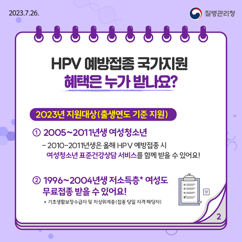 HPV 예방접종 국자지원 혜택은 누가 받나요? ○ 2023년 지원대상(출생연도 기준 지원) ① 2005~2011년생 여성청소년 - 2010-2011년생은 올해 HPV 예방접종 시 여성청소년 표준건강상담 서비스를 함께 받을 수 있어요! ② 1996~2004년생 저소득층* 여성도 무료접종 받을 수 있어요! * 기초생활보장수급자 및 차상위계층(접종 당일 자격 해당자)