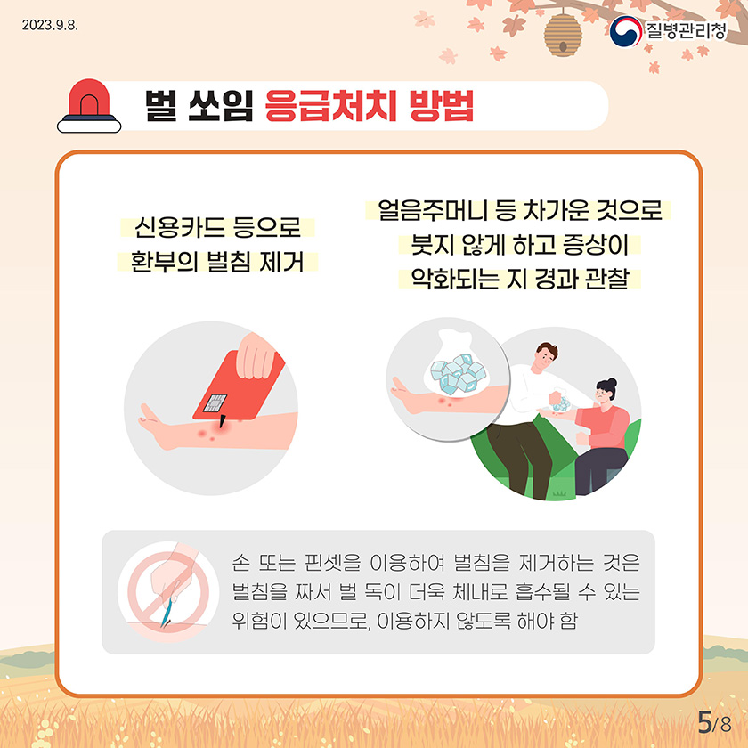 벌쏘임 예방법 벌쏘임 발생 현황 최근 5년간(17넌~21년) 월별 발생 건수 특히 벌초, 가을 산행 등으로 8월~9월에 다수 발생하나, 기온이 높아 10월 까지도 주의 필요 1월: 18 2월:21 3월:58 4월:163 5월:279 6월:470 7월: 1043 8월: 1350 9월 1380 10월: 509 11월 258 12월: 19 출처:질병관리청 응급실손상환자심층조사 23개병원 응급실 방문환자 벌쏘임 예방 수칙 야외 활동 전 벌 쏘임 관련 안전교육 실시 야외 활동 장소에 벌집이 있는지 사전에 확인 벌 쏘임 사고 대처를 위한 응급 처치법 숙지 및 비상용품 챙기기 119출동 대비를 위한 활동 장소 위치 파악하기 향수, 화장품, 헤어스프레이 자제하기 긴 옷, 긴 바지를 입고 어두운 옷보다 밝은색 옷 입기 공격성: 검은색> 갈색> 빨간색> 초록색> 노란색 모기약 스프레이 등을 준비하기 벌집을 건드렸을 경우 몸을 낮추고 20m 이상 빠르게 뛰기 * 벌집 근처에 있으면 벌의 공격성이 줄어들지 않아 더 위험 말벌과 꿀벌의 차이 말벌 일자형으로 뾰족하여 여러번 찌를 수 있음 먹이가 필요하면 집단으로 공격하는 등 매우 위험 특히 장수말벌은 미세한 진동에도 매우 민감하게 반응하므로 안전에 더욱 유의 땅벌 보통 땅소겡 살며 말벌보다 작지만, 비행속도가 매우 빠르고 공격적 벌집과 가까울수록 강하게 공격하며 옷속, 머리카락 속으로 파고들어 위험 꿀벌 갈고리 모양으로 쏘고나면 대부분 벌침이 빠져 한 번만 찌를 수 있음 재래꿀벌(토종꿀벌)은 양봉꿀벌(서양벌)에 비해 크기가 더 작지만 날개가 크며 추위에 견디는 능력이 좋음 공격 받거나 이상행동이 감지되지 않는 이상 먼저 공격하지 않음 도심에서도 다양한 종류의 벌이 존재하므로 항상 주의 필요 벌 쏘임 응급처치 방법 신용카드 등으로 환부의 벌침 제거 얼음주머니 등 차가운 것으로 붓지 않게 하고 증상이 악화되는 지 경과 관찰 손 또는 핀셋을 이용하여 벌침을 제거하는 것은 벌침을 짜서 벌 독이 더욱 체내로 흡수될 수 있는 위험이 있으므로, 이용하지 않도록 해야함 벌쏘임 시 나타나는 증상 통증 피부가려움 부기 식은땀 두통 구토 어지러움증 호흡곤란 의식 저하 등 사람에 따라 아나필락시스(알레르기 과민반응) 발생 통증이 지속되거나 아나필락시스 발생시 신속하게 병원으로 이동 아나필락시스 증상이란? 피부 두드러기 가려움증 홍조 입술 혀 목젖의 부종 호흡기 코막힘 콧물 재채기 기침 쉰 목소리 호흡곤란 가슴 답답함 쌕쌕소리 신경 안절부절 못함 실신 의식저하 심혈관 저혈압 심장마비 빠른맥박 소화기 복통 메스꺼움 구토 설사 일상생활에서 벌 쏘임 예방으로 즐겁고 건강한 삶을 보내세요.