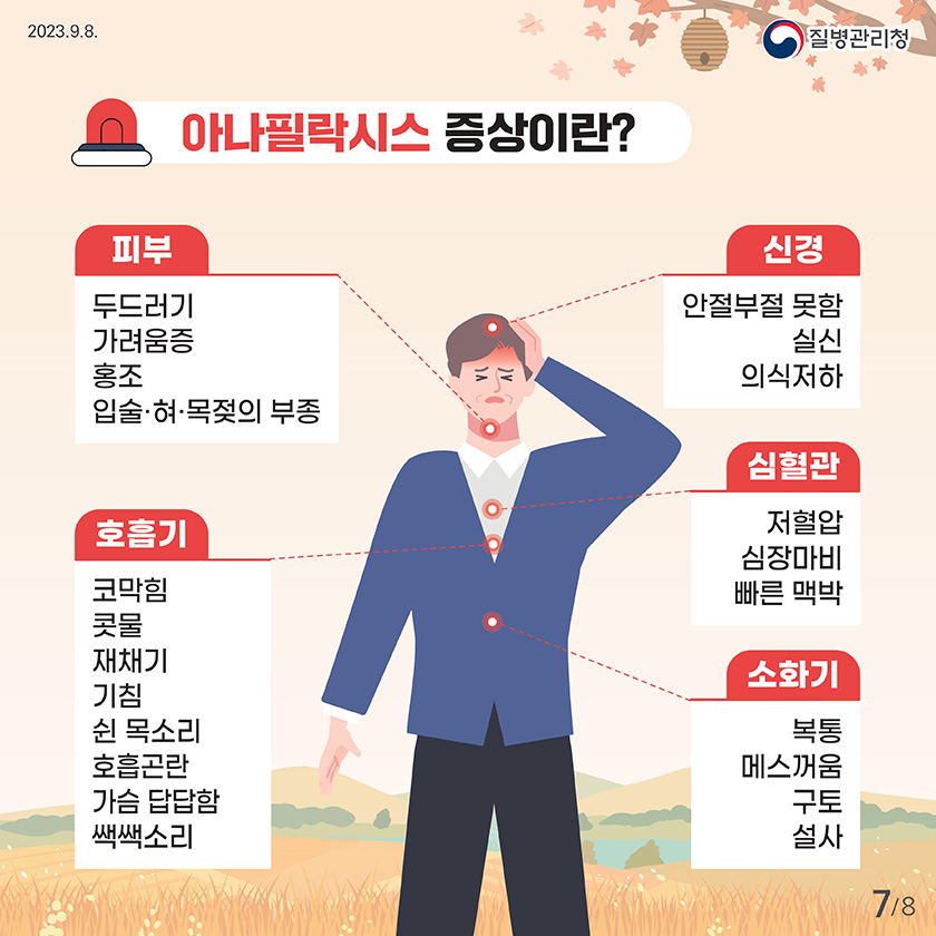 벌쏘임 예방법 벌쏘임 발생 현황 최근 5년간('17넌~'21년) 월별 발생 건수 특히 벌초, 가을 산행 등으로 8월~9월에 다수 발생하나, 기온이 높아 10월 까지도 주의 필요 1월: 18 2월:21 3월:58 4월:163 5월:279 6월:470 7월: 1043 8월: 1350 9월 1380 10월: 509 11월 258 12월: 19 출처:질병관리청 응급실손상환자심층조사 23개병원 응급실 방문환자 벌쏘임 예방 수칙 야외 활동 전 벌 쏘임 관련 안전교육 실시 야외 활동 장소에 벌집이 있는지 사전에 확인 벌 쏘임 사고 대처를 위한 응급 처치법 숙지 및 비상용품 챙기기 119출동 대비를 위한 활동 장소 위치 파악하기 향수, 화장품, 헤어스프레이 자제하기 긴 옷, 긴 바지를 입고 어두운 옷보다 밝은색 옷 입기 공격성: 검은색> 갈색> 빨간색> 초록색> 노란색 모기약 스프레이 등을 준비하기 벌집을 건드렸을 경우 몸을 낮추고 20m 이상 빠르게 뛰기 * 벌집 근처에 있으면 벌의 공격성이 줄어들지 않아 더 위험 말벌과 꿀벌의 차이 말벌 일자형으로 뾰족하여 여러번 찌를 수 있음 먹이가 필요하면 집단으로 공격하는 등 매우 위험 특히 장수말벌은 미세한 진동에도 매우 민감하게 반응하므로 안전에 더욱 유의 땅벌 보통 땅소겡 살며 말벌보다 작지만, 비행속도가 매우 빠르고 공격적 벌집과 가까울수록 강하게 공격하며 옷속, 머리카락 속으로 파고들어 위험 꿀벌 갈고리 모양으로 쏘고나면 대부분 벌침이 빠져 한 번만 찌를 수 있음 재래꿀벌(토종꿀벌)은 양봉꿀벌(서양벌)에 비해 크기가 더 작지만 날개가 크며 추위에 견디는 능력이 좋음 공격 받거나 이상행동이 감지되지 않는 이상 먼저 공격하지 않음 도심에서도 다양한 종류의 벌이 존재하므로 항상 주의 필요 벌 쏘임 응급처치 방법 신용카드 등으로 환부의 벌침 제거 얼음주머니 등 차가운 것으로 붓지 않게 하고 증상이 악화되는 지 경과 관찰 손 또는 핀셋을 이용하여 벌침을 제거하는 것은 벌침을 짜서 벌 독이 더욱 체내로 흡수될 수 있는 위험이 있으므로, 이용하지 않도록 해야함 벌쏘임 시 나타나는 증상 통증 피부가려움 부기 식은땀 두통 구토 어지러움증 호흡곤란 의식 저하 등 사람에 따라 아나필락시스(알레르기 과민반응) 발생 통증이 지속되거나 아나필락시스 발생시 신속하게 병원으로 이동 아나필락시스 증상이란? 피부 두드러기 가려움증 홍조 입술 혀 목젖의 부종 호흡기 코막힘 콧물 재채기 기침 쉰 목소리 호흡곤란 가슴 답답함 쌕쌕소리 신경 안절부절 못함 실신 의식저하 심혈관 저혈압 심장마비 빠른맥박 소화기 복통 메스꺼움 구토 설사 일상생활에서 벌 쏘임 예방으로 즐겁고 건강한 삶을 보내세요.