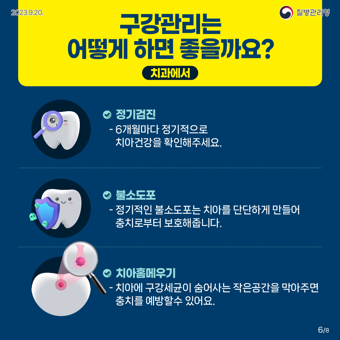 구강관리는 어떻게 하면 좋을까요?(치과에서) 정기검진 -6개월마다 정기적으로 치아건강을 확인해주세요. 불소도포 -정기적인 불소도포는 치아를 단단하게 만들어 충치로부터 보호해줍니다. 치아홈메우기 -치아에 구강세균이 숨어사는 작은 공간을 막아주면 충치를 예방할 수 있어요.