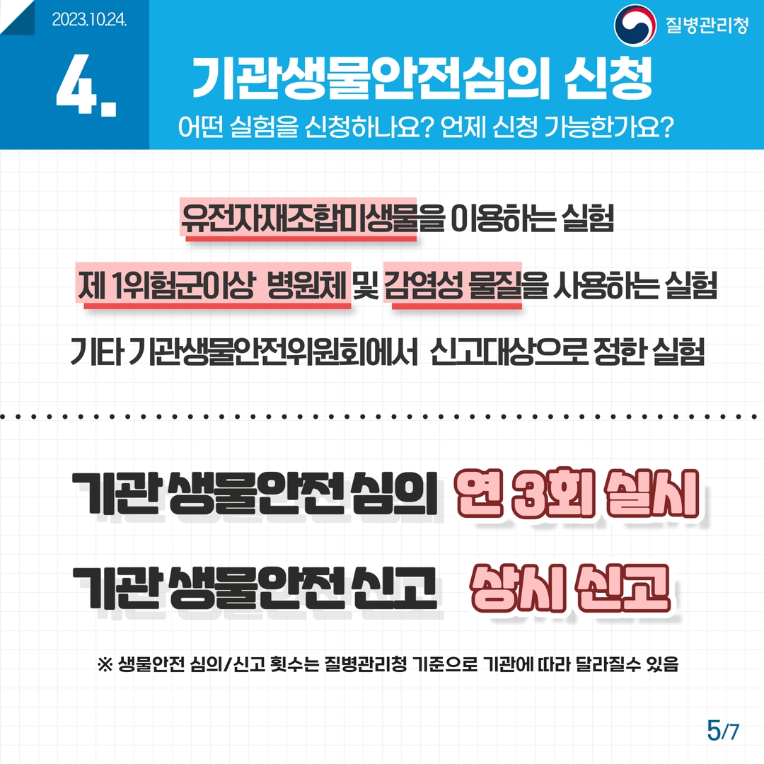 4.기관생물안전심의 신청 어떤 실험을 신청하나요? 언제 신청 가능한가요? 유전자재조합미생물을 이용하는 실험 제 1위험군이상 병원체 및 감염성 물질을 사용하는 실험 기타 기관생물안전위원회에서 신고대상으로 정한 실험 기관 생물안전 심의 연 3회실시 기관 생물안전 신고 상시신고 ※ 생물안전 심의/신고 횟수는 질병관리청 기준으로 기관에 따라 달라질수 있음 