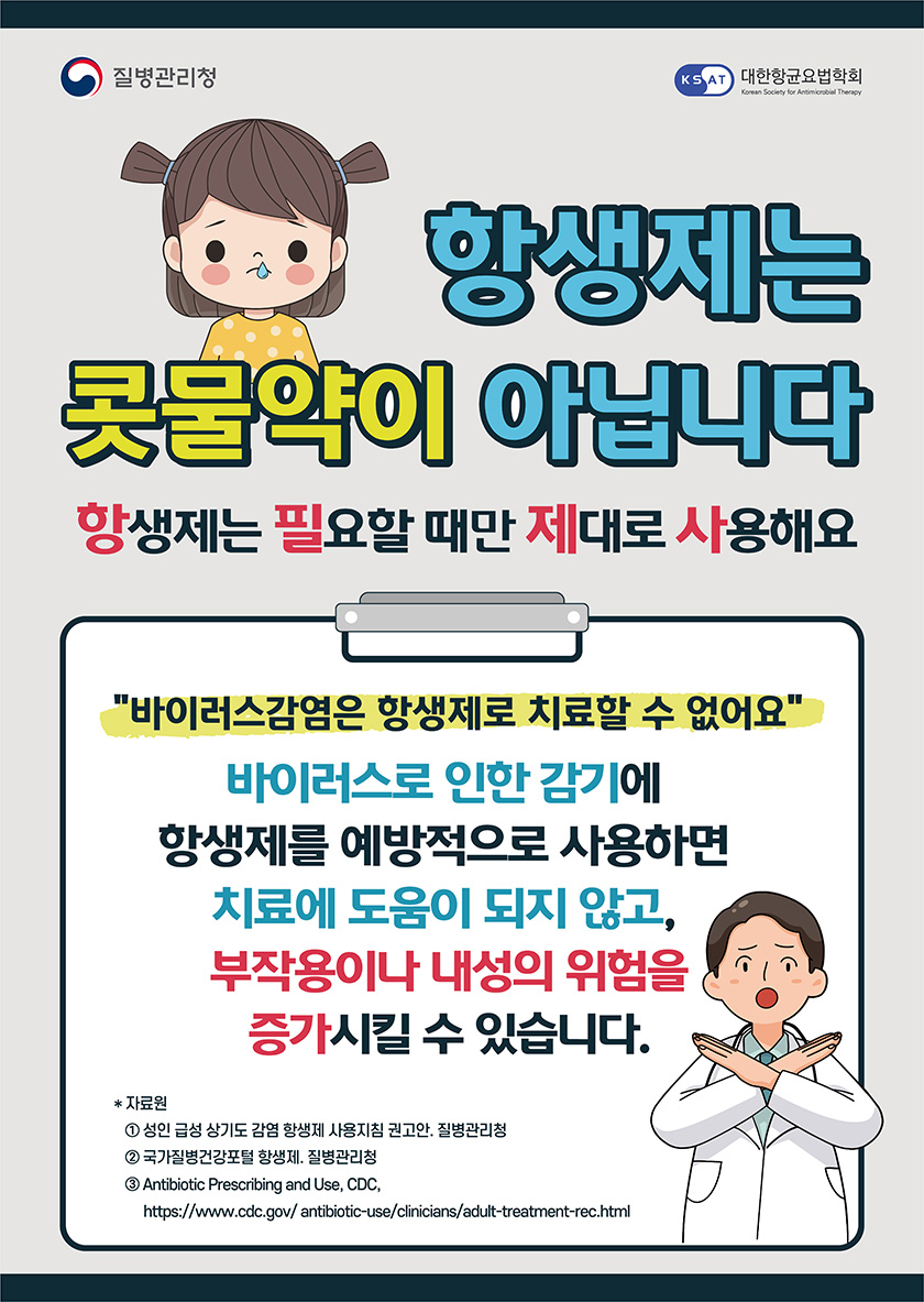 로고 질병관리청 로고 대한항균요법학회 항생제는 콧물약이 아닙니다! 항생제는 필요할 떄만 제대로 사용해요 '바이러스감염은 항생제로 치료할 수 없어여' 바이러스로 인한 감기에 항생제를 예방적으로 사용하면 치료에 도움이 되지 않고, 부작용이나 내성의 위험을 증가시킬 수 있습니다. *자료원 ① 성입 금성 상기도 감염 항생제 사용지침 권고안. 질병관리청 ② 국가질병건강포털 항생제. 질병관리청 ③ Antibiotic Prescribing and Use, CDC, https://www.cdc.gov/antiboitic-use/clinicians/adult-treatment-rec.html