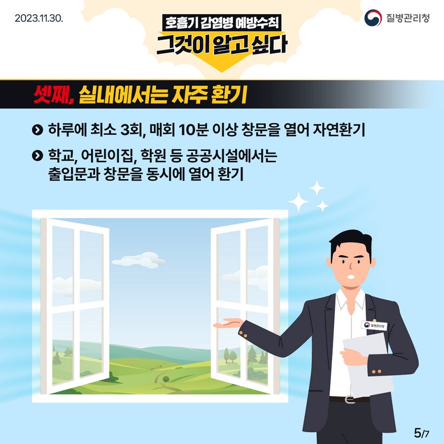 셋째, 실내에서는 자주 환기 하루에 최소 3회, 매회 10분 이상 창문을 열어 자연환기 학교, 어린이집, 학원 등 공공시설에서는 출입문과 창문을 동시에 열어 환기