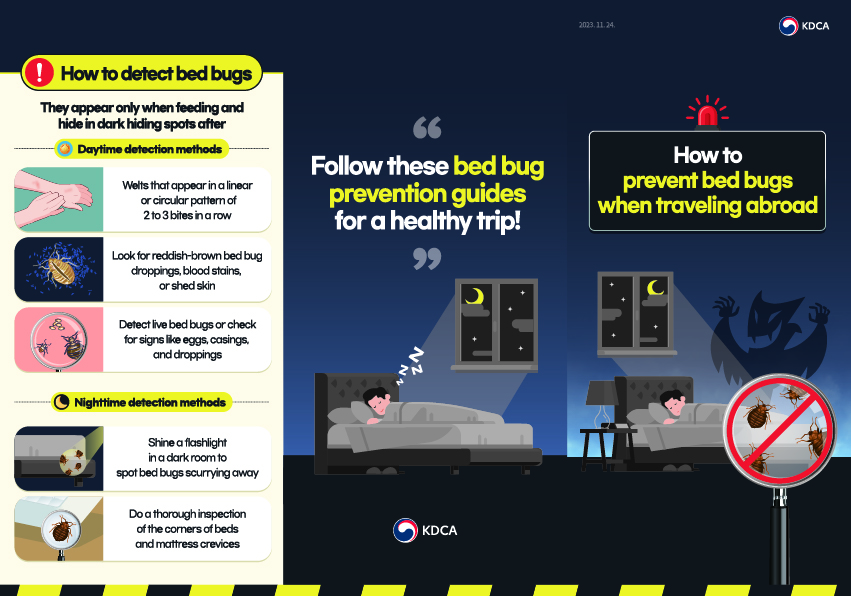 (front) How to detect bed bugs They appear only when feeding and hide in dark hiding spots after Daytime detection methods Welts that appear in a linear or circular pattern of 2 to 3 bites in a row Look for reddish-brown bed bug droppings, blood stains, or shed skin Detect live bed bugs or check for signs like eggs, casings, and droppings Nighttime detection methods Shine a flashlight in a dark room to spot bed bugs scurrying away Do a thorough inspection of the corners of beds and mattress crevices Follow these bed bug prevention guides for a healthy trip! How to prevent bed bugs when traveling abroad