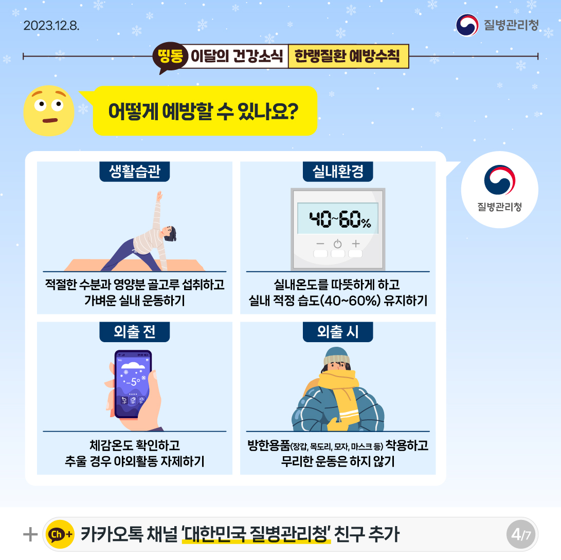 어떻게 예방할 수 있나요? 생활습관) 적절한 수분과 영양분 골고루 섭취하고 가벼운 실내 운동하기 실내환경) 실내온도를 따뜻하게 하고 실내 적정 습도(40~60%) 유지하기 외출 전) 체감온도 확인하고, 추울 경우 야외활동 자제하기 외출 시) 방한용품(장갑, 목도리, 모자, 마스크 등) 착용하고, 무리한 운동은 하지 않기