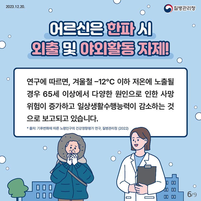 어르신은 한파 시 외출 및 야외활동 자제! 연구에 따르면, 겨울철 -12℃ 이하 저온에 노출될 경우 65세 이상에서 다양한 원인으로 인한 사망 위험이 증가하고 일상생활수행능력이 감소하는 것으로 보고되고 있습니다. * 출처 : 기후변화에 따른 노령인구의 건강영향평가 연구, 질병관리청(2022)