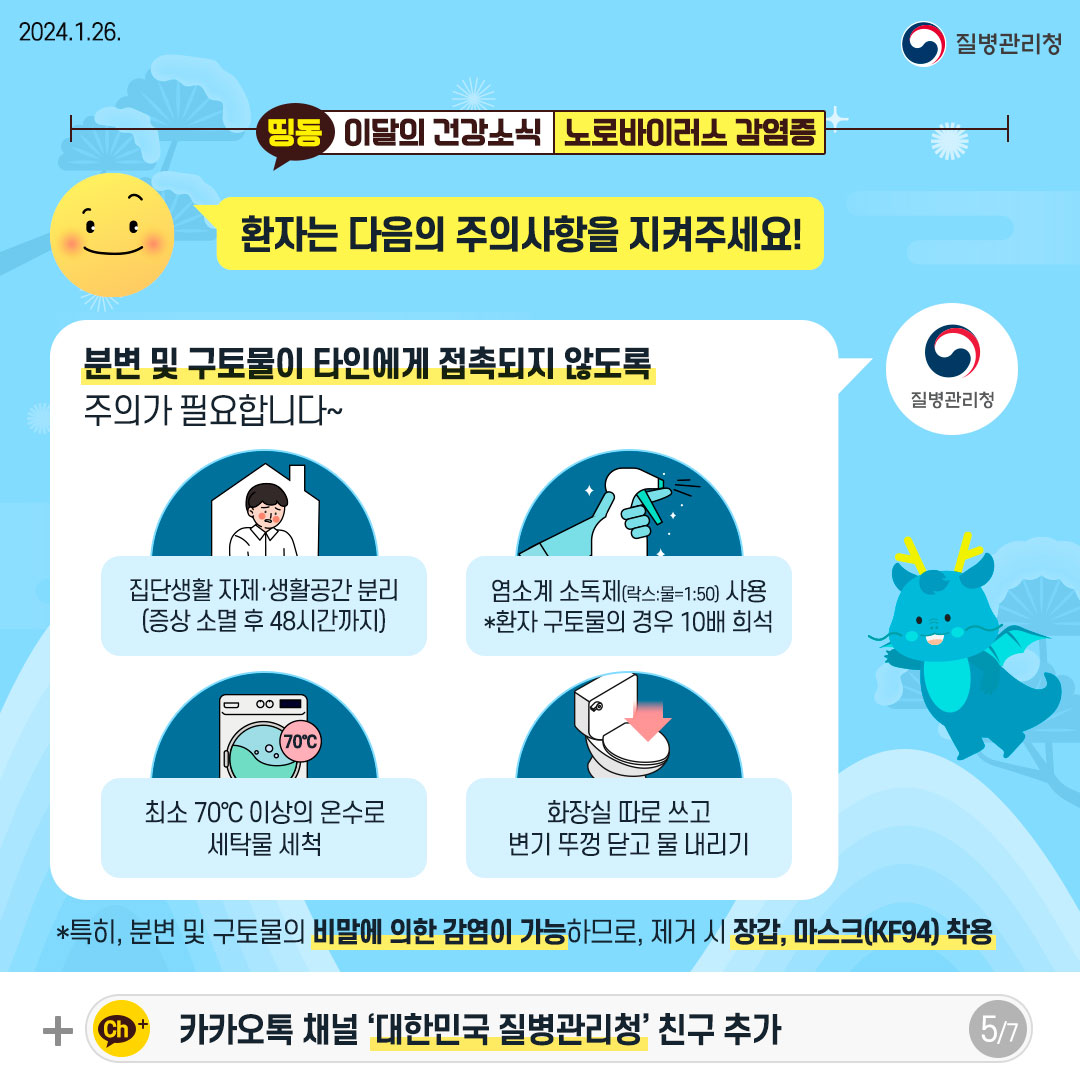 환자는 다음의 주의사항을 지켜주세요! 분변 및 구토물이 타인에게 접촉되지 않도록 주의가 필요합니다~ 집단생활 자제·생활공간 분리 (증상소멸 후 48시간까지) 염소계 소독제(락스:물=1:50 권고) 사용 환자 구토물의 경우 10배 희석 최소 70℃이상의 온수로 세탁물 세척 화장실 따로 쓰고 변기 뚜껑 닫고 물 내리기 특히, 분변 및 구토물의 비말에 의한 감염이 가능하므로, 제거 시 장갑, 마스크(KF94) 착용