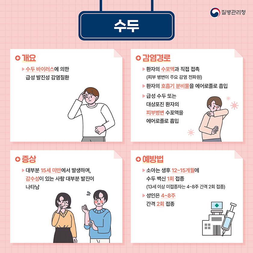 수두 질병관리청 - 개요 : 수두 바이러스에 의한 급성 발진성 감염질환 - 감염경로 : 환자의 수포액과 직접 접촉 (피부 병변이 주요 감염 전파원) . 환자의 호흡기 분비물을 에어로졸로 흡입 . 급성 수두 또는 대상포진 환자의 피부병변 수포액을 에어로졸로 흡입 - 증상 : 대부분 15세 미만에서 발생하며, 감수성이 있는 사람 대부분 발진이 나타남 - 예방법 : 소아는 생후 12~15개월에 수두 백신 1회 접종 (13세 이상 미접종자는 4~8주 간격 2회 접종). 성인은 4~8주 간격 2회 접종 