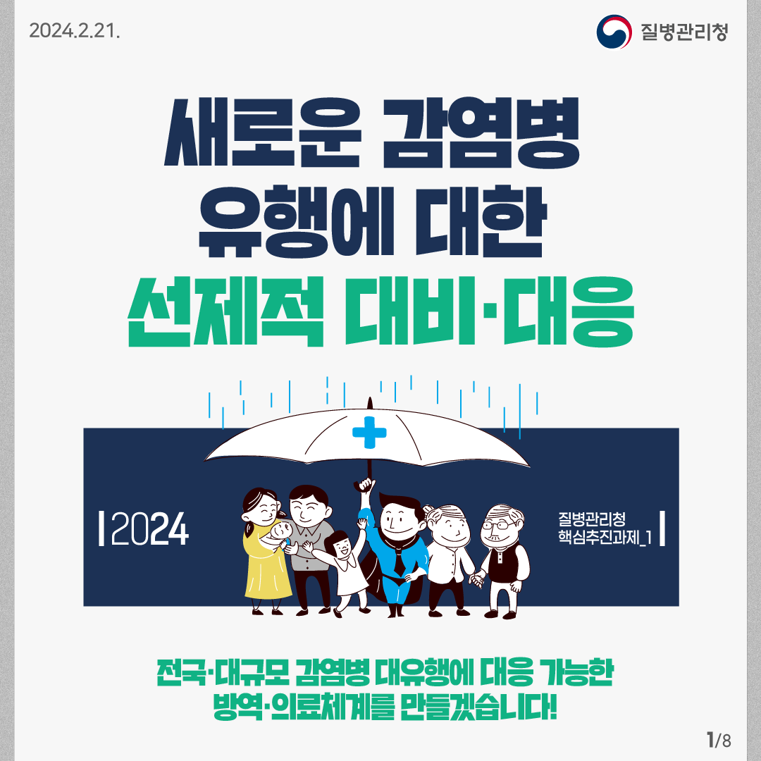 2024.2.21. 질병관리청 새로운 감염병 유행에 대한 선제적 대비·대응 2024 질병관리청 핵심추진과제 ①②③④⑤ 전국·대규모 감염병 대유행에 대응 가능한방역·의료체계를 만들겠습니다! 8페이지 중 1페이지