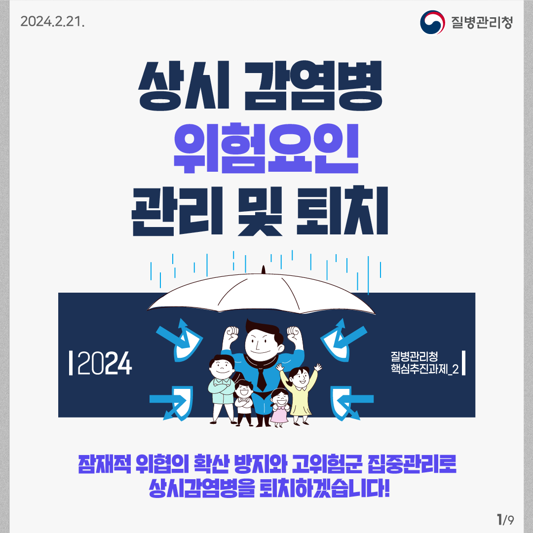 2024.2.21. 질병관리청 상시 감염병 위험요인 관리 및 퇴치  2024 질병관리청 핵심추진과제 ② 잠재적 위협의 확산 방지와 고위험군 집중관리로 상시감염병을 퇴치하겠습니다!  9페이지 중 1페이지