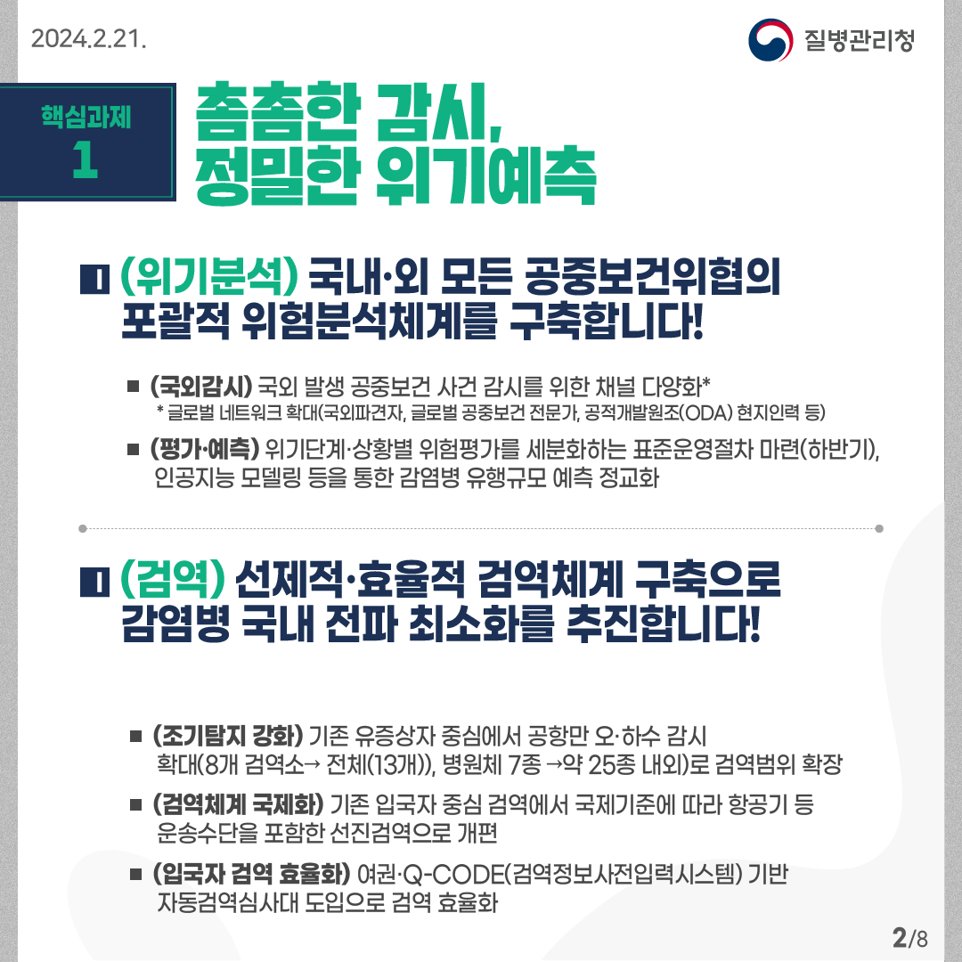 핵심과제1: 촘촘한 감시, 정밀한 위기예측 (위기분석) 국내·외 모든 공중보건위협의 포괄적 위험분석체계를 구축합니다! - (국외감시) 국외 발생 공중보건 사건 감시를 위한 채널 다양화* * 글로벌 네트워크 확대(국외파견자, 글로벌 공중보건 전문가, 공적개발원조(ODA) 현지인력 등) -(평가·예측) 위기단계·상황별 위험평가를 세분화하는 표준운영절차 마련(하반기), 인공지능 모델링 등을 통한 감염병 유행규모 예측 정교화 (검역) 선제적·효율적 검역체계 구축으로 감염병 국내 전파 최소화를 추진합니다! -(조기탐지 강화) 기존 유증상자 중심에서 공항만 오·하수 감시확대(8개 검역소→ 전체(13개)), 병원체 7종 →약 25종 내외)로 검역범위 확장 -(검역체계 국제화) 기존 입국자 중심 검역에서 국제기준에 따라 항공기 등 운송수단을 포함한 선진검역으로 개편 -(입국자 검역 효율화) 여권·Q-CODE(검역정보사전입력시스템) 기반 자동검역심사대 도입으로 검역 효율화 8페이지 중 2페이지