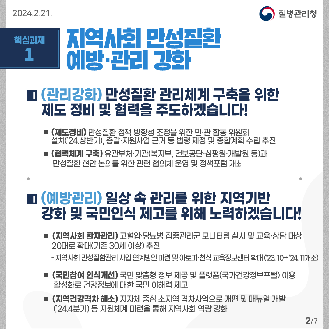 핵심과제1: 지역사회 만성질환 예방·관리 강화    (관리강화) 만성질환 관리체계 구축을 위한 제도 정비 및 협력을 주도하겠습니다! - (제도정비) 만성질환 정책 방향성 조정을 위한 민·관 합동 위원회      설치(’24.상반기), 총괄·지원사업 근거 등 법령 제정 및 종합계획 수립 추진 -(협력체계 구축) 유관부처·기관(복지부, 건보공단·심평원·개발원 등)과       만성질환 현안 논의를 위한 관련 협의체 운영 및 정책포럼 개최         (예방관리) 일상 속 관리를 위한 지역기반 강화 및 국민인식 제고를 위해 노력하겠습니다! - (지역사회 환자관리) 고혈압·당뇨병 집중관리군 모니터링 실시 및 교육·상담 대상 20대로 확대(기존 30세 이상) 추진      -> 지역사회 만성질환관리 사업 연계방안 마련 및 아토피·천식 교육정보센터 확대 (’23. 10→ ’24. 11개소) -  (국민참여 인식개선) 국민 맞춤형 정보 제공 및 플랫폼(국가건강정보포털) 이용 활성화로 건강정보에 대한 국민 이해력 제고  -(지역건강격차 해소) 지자체 중심 소지역 격차사업으로 개편 및 매뉴얼 개발 (’24.4분기) 등 지원체계 마련을 통해 지역사회 역량 강화  7페이지 중 2페이지