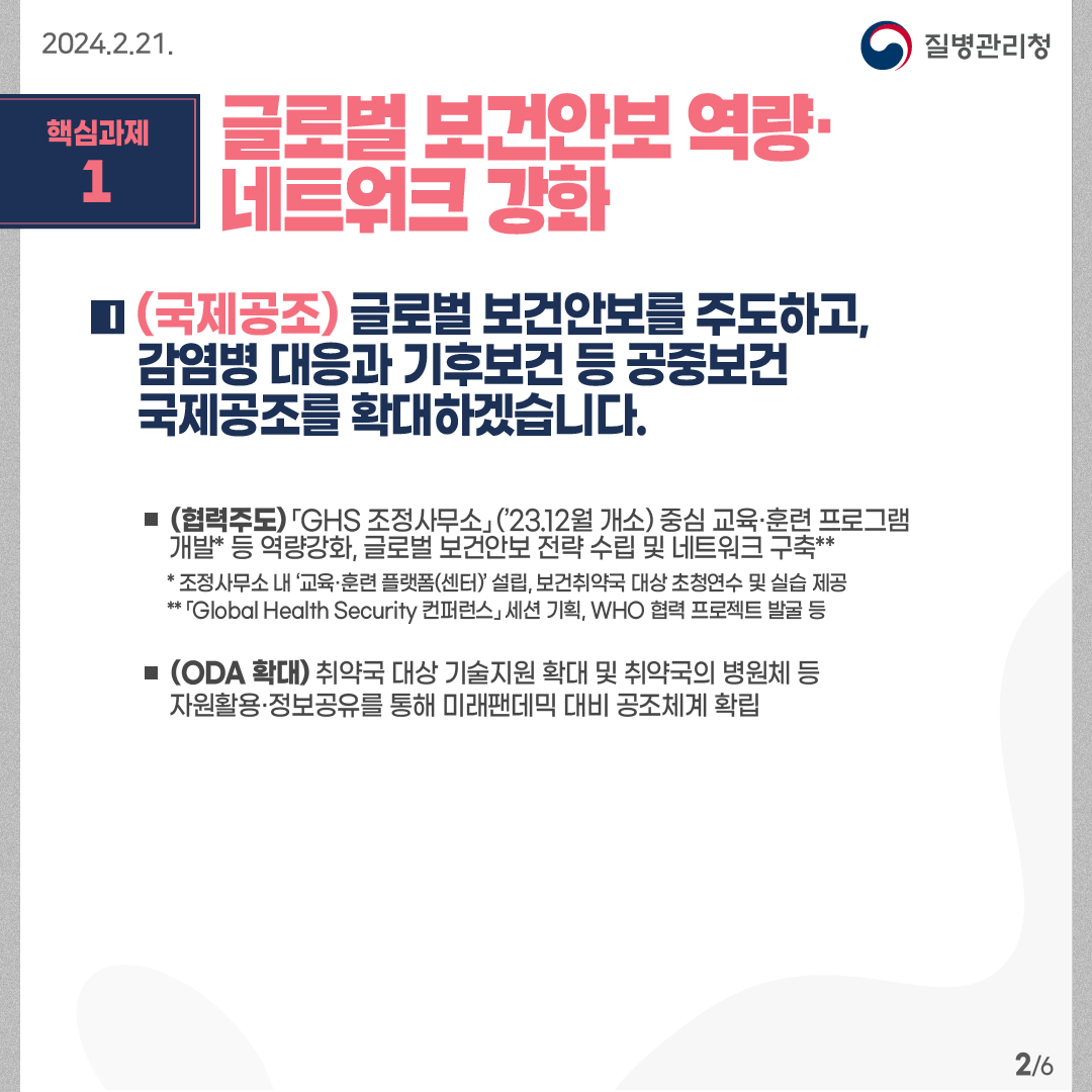 핵심과제1: 글로벌 보건안보 역량· 네트워크 강화   (국제공조) 글로벌 보건안보를 주도하고,  감염병 대응과 기후보건 등 공중보건 국제공조를 확대하겠습니다.        -(협력주도) 「GHS 조정사무소」 (’23.12월 개소) 중심 교육·훈련 프로그램      개발* 등 역량강화, 글로벌 보건안보 전략 수립 및 네트워크 구축**       * 조정사무소 내 ‘교육·훈련 플랫폼(센터)’ 설립, 보건취약국 대상 초청연수 및 실습 제공       ** 「Global Health Security 컨퍼런스」 세션 기획, WHO 협력 프로젝트 발굴 등  -(ODA 확대) 취약국 대상 기술지원 확대 및 취약국의 병원체 등      자원활용·정보공유를 통해 미래팬데믹 대비 공조체계 확립  6페이지 중 2페이지