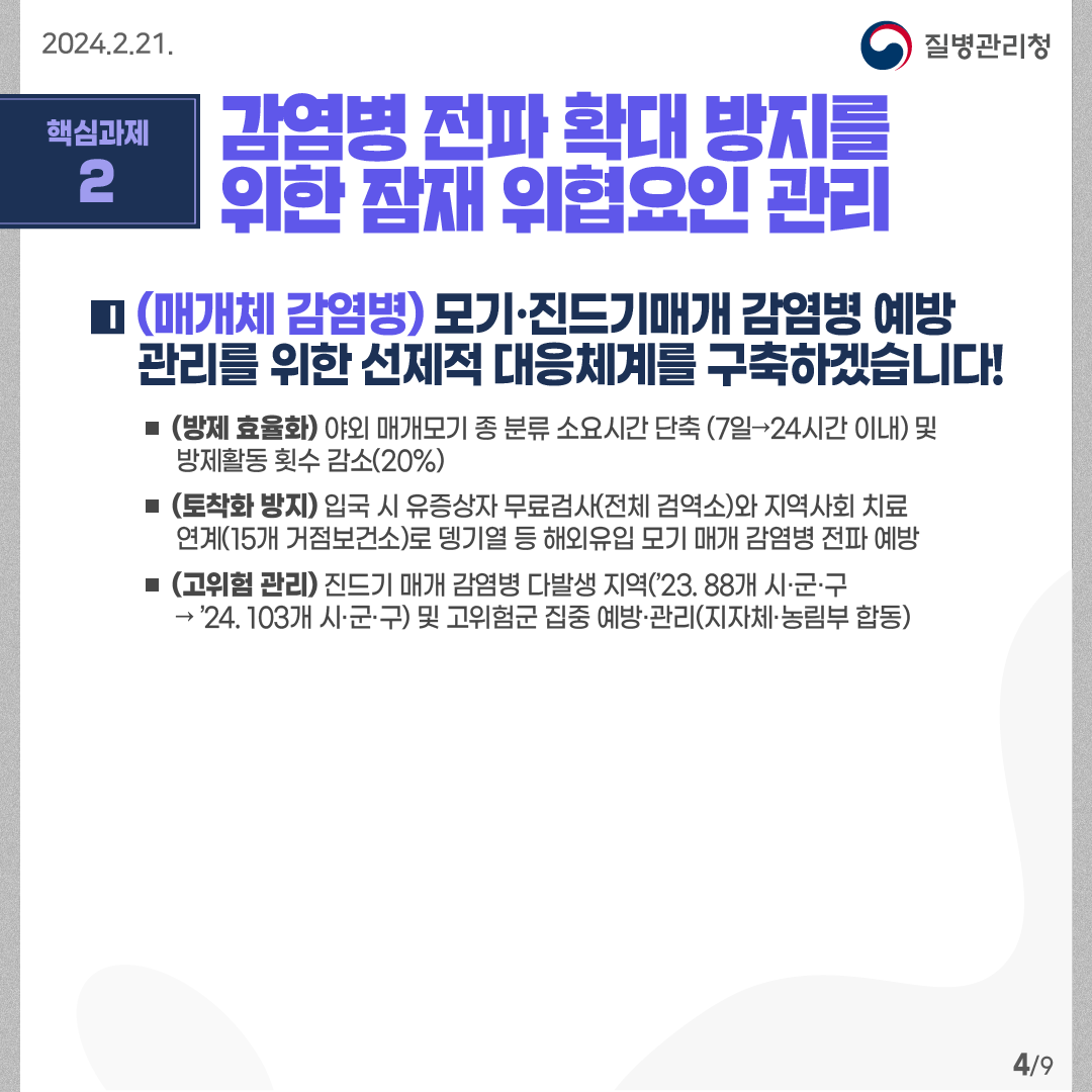 핵심과제2: 감염병 전파 확대 방지를 위한 잠재 위협요인 관리  (매개체 감염병) 모기·진드기매개 감염병 예방 관리를 위한 선제적 대응체계를 구축하겠습니다! -(방제 효율화) 야외 매개모기 종 분류 소요시간 단축 (7일→24시간 이내) 및        방제활동 횟수 감소(20%) -(토착화 방지) 입국 시 유증상자 무료검사(전체 검역소)와 지역사회 치료       연계(15개 거점보건소)로 뎅기열 등 해외유입 모기 매개 감염병 전파 예방 - (고위험 관리) 진드기 매개 감염병 다발생 지역(’23. 88개 시·군·구       → ’24. 103개 시·군·구) 및 고위험군 집중 예방·관리(지자체·농림부 합동)  9페이지 중 4페이지