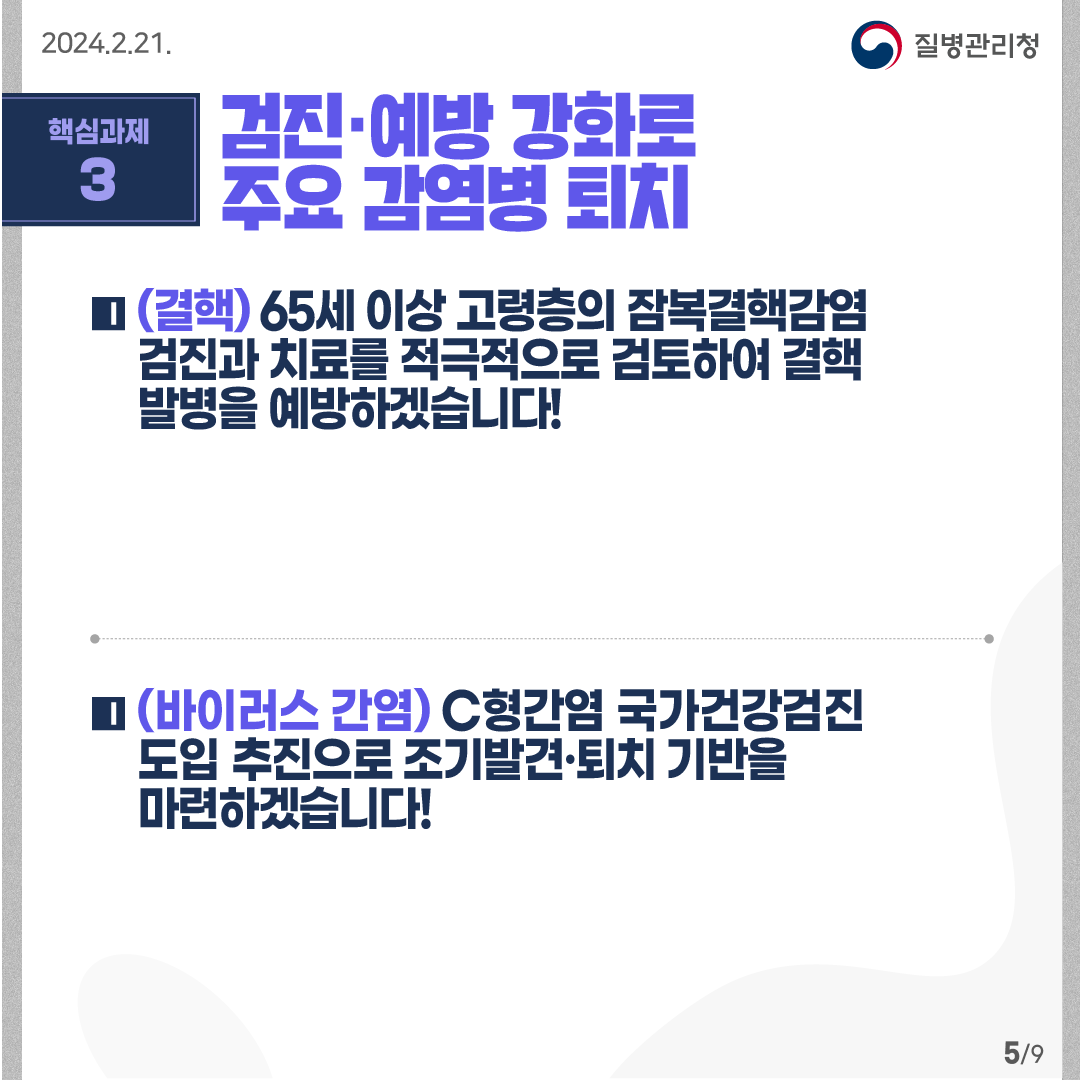 핵심과제3: 검진·예방 강화로 주요 감염병 퇴치  (결핵) 65세 이상 고령층의 잠복결핵감염 검진과 치료를 적극적으로 검토하여 결핵 발병을 예방하겠습니다! (바이러스 간염) C형간염 국가건강검진 도입 추진으로 조기발견·퇴치 기반을 마련하겠습니다!  9페이지 중 5페이지