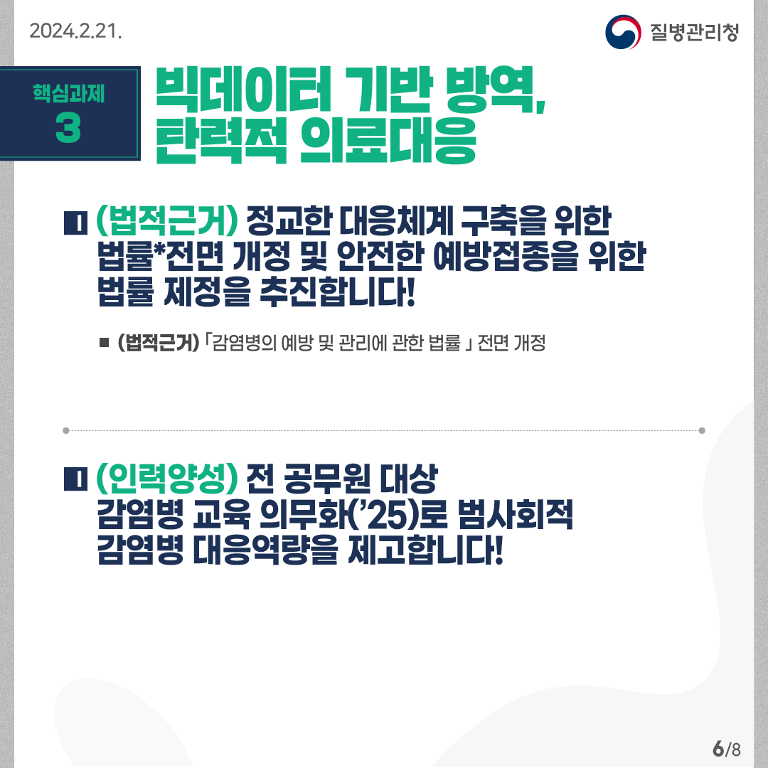 핵심과제3: 빅데이터 기반 방역, 탄력적 의료대응 (법적근거) 정교한 대응체계 구축을 위한 법률*전면 개정 및 안전한 예방접종을 위한 법률 제정을 추진합니다! -(법적근거) ｢감염병의 예방 및 관리에 관한 법률 ｣ 전면 개정 (인력양성) 전 공무원 대상감염병 교육 의무화(’25)로 범사회적 감염병 대응역량을 제고합니다! 8페이지 중 6페이지