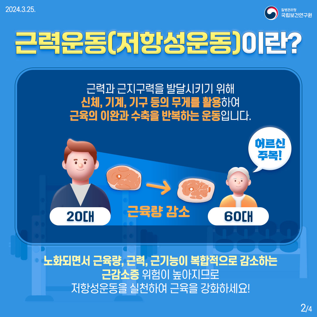 [근력운동(저항성운동)이란?] 근력과 근지구력을 발달시키기 위해 신체, 기계, 기구 등의 무게를 활용하여 근육의 이완과 수축을 반복하는 운동입니다. 어르신 주목! 20대 → 60대 (근육량 감소) 노화되면서 근육량, 근력, 근기능이 복합적으로 감소하는 근감소증 위험이 높아지므로 저항성운동을 실천하여 근육을 강화하세요!