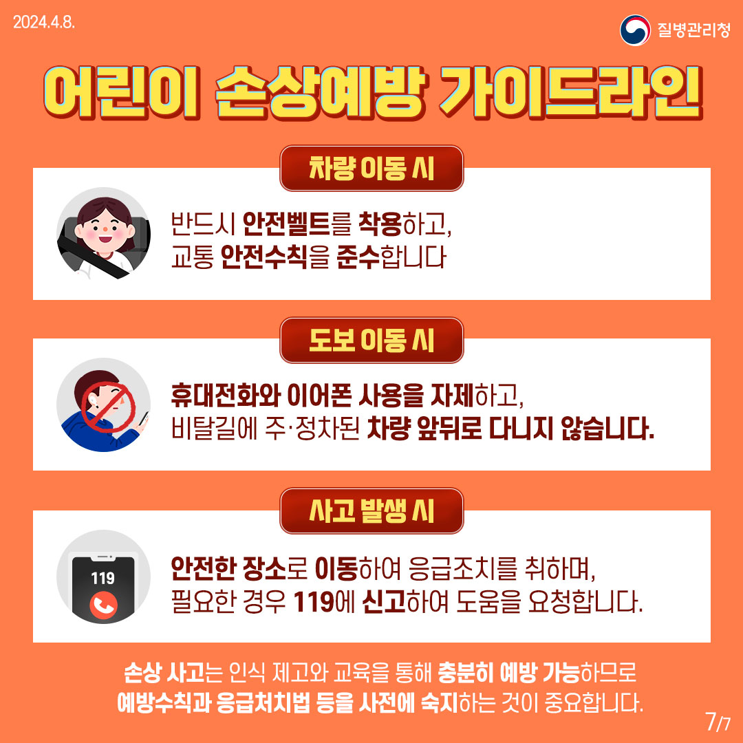 어린이 손상예방 가이드라인  [차량 이동 시] 반드시 안전벨트를 착용하고, 교통 안전수칙을 준수합니다.  [도보 이동 시] 휴대전화와 이어폰 사용을 자제하고, 비탈길에 주·정차된 차량 앞뒤로 다니지 않습니다.  [사고 발생 시] 안전한 장소로 이동하여 응급조치를 취하며, 필요한 경우 119에 신고하여 도움을 요청합니다.  손상 사고는 인식 제고와 교육을 통해 충분히 예방 가능하므로 예방수칙과 응급처치법 등을 사전에 숙지하는 것이 중요합니다.