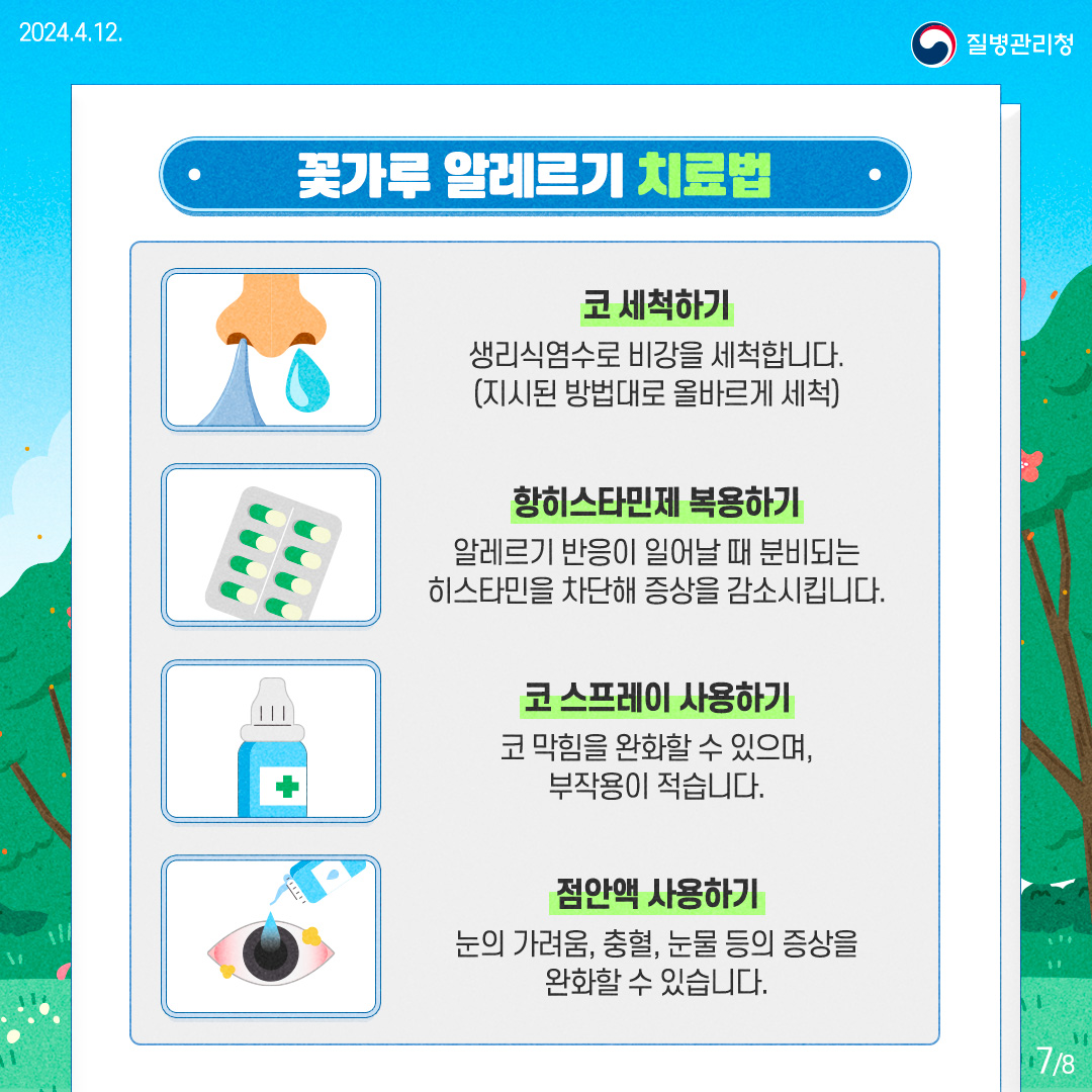 질병관리청 [꽃가루 알레르기 치료법]  코 세척하기 : 생리식염수로 비강을 세척합니다. (지시된 방법대로 올바르게 세척)

      항히스타민제 복용하기 : 알레르기 반응이 일어날 때 분비되는 히스타민을 차단해 증상을 감소시킵니다.
      
      코 스프레이 사용하기 : 코막힘을 완화할 수 있으며, 부작용이 적습니다. 
      
      점안액 사용하기 : 눈의 가려움, 충혈, 눈물 등의 증상을 완화할 수 있습니다.
      
      
      
      7페이지 / 총8페이지
      