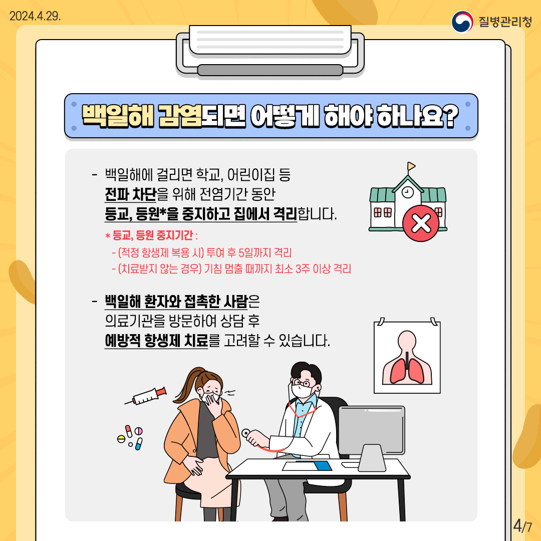 [백일해 감염되면 어떻게 해야 하나요?] - 백일해에 걸리면 학교, 어린이집 등 전파 차단을 위해 전염기간 동안 등교, 등원*을 중지하고 집에서 격리합니다. * 등교, 등원 중지기간: - (적정 항생제 복용 시) 투여 후 5일까지 격리 - (치료받지 않는 경우) 기침 멈출 때까지 최소 3주 이상 격리 - 백일해 환자와 접촉한 사람은 의료기관을 방문하여 상담 후 예방적 항생제 치료를 고려할 수 있습니다.