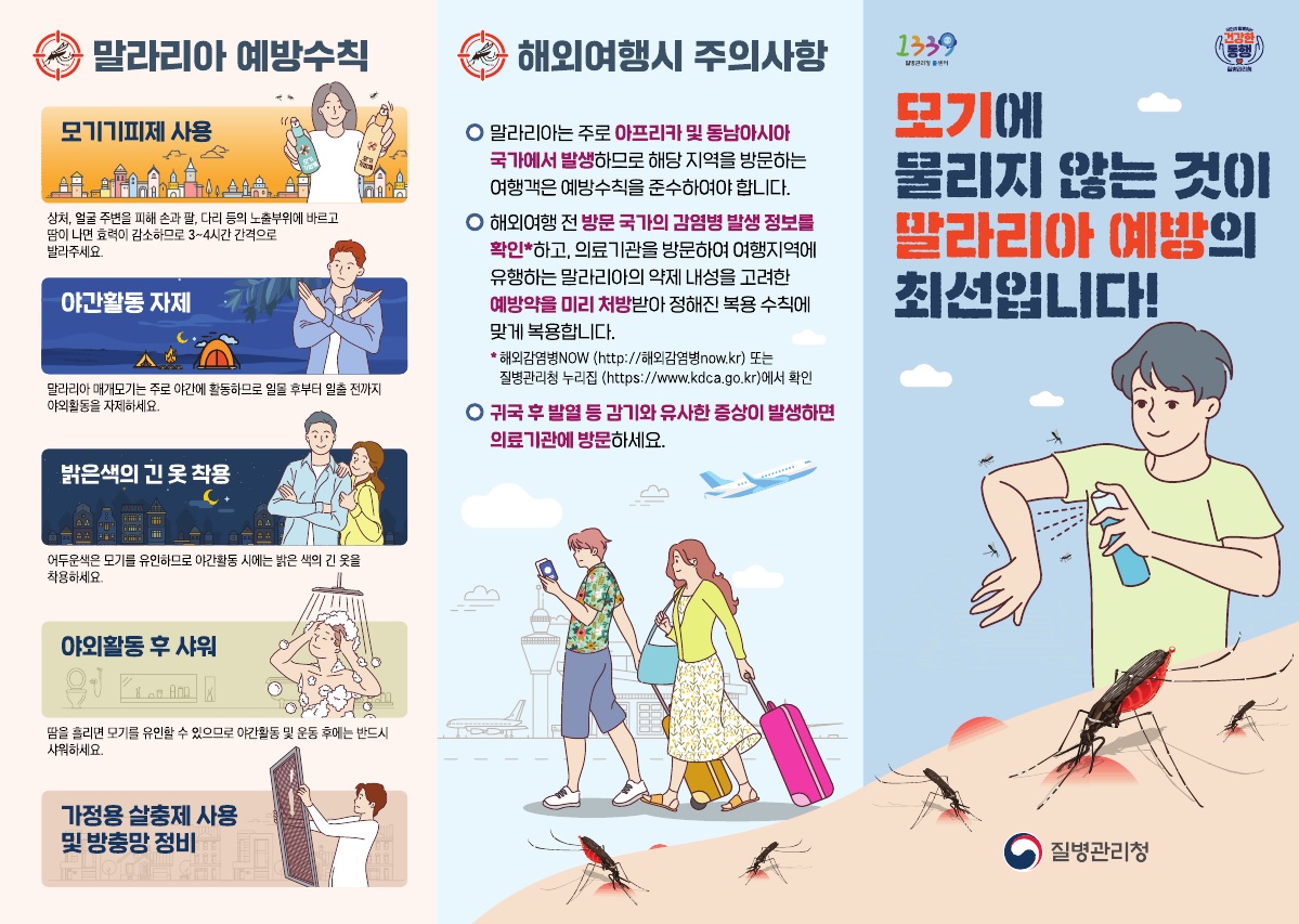  말라리아 예방수칙 ㅇ 모기기피제 사용 - 상처, 얼굴 주변을 피해 손과 팔, 다리 등의 노출부위에 바르고 땀이 나면 효력이 감소하므로 3~4시간 간격으로 발라주세요. ㅇ 야간활동 자제 - 말라리아 매개모기는 주로 야간에 활동하므로 일몰 후부터 일출 전까지 야외활동을 자제하세요. ㅇ 밝은색의 긴 옷 착용 - 어두운 색은 모기를 유인하므로 야간활동 시에는 밝은 색의 긴 옷을 착용하세요. ㅇ 야외활동 후 샤워 - 땀을 흘리면 모기를 유인할 수 있으므로 야간활동 및 운동 후에는 반드시 샤워하세요. ㅇ 가정용 살충제 사용 및 방충망 정비 해외여행 시 주의사항 ㅇ 말라리아는 주로 아프리카 및 동남아시아 국가에서 발생하므로 해당 지역을 방문하는 여행객은 예방수칙을 준수하여야 합니다. ㅇ 해외여행 전 방문 국가의 감염병 발생 정보를 확인하고 의료기관을 방문하여 여행지역에 유행하느 말라리아의 약제 내성을 고려한 예방약을 미리 처방받아 정해진 복용 수칙에 맞게 복용합니다. *해외감염병NOW 또는 질병관리청 누리집에서 확인 ㅇ 귀국 후 발열 등 감기와 유사한 증상이 발생하면 의료기관에 방문하세요. 모기에 물리지 않는 것이 말라리아 예방의 최선입니다!