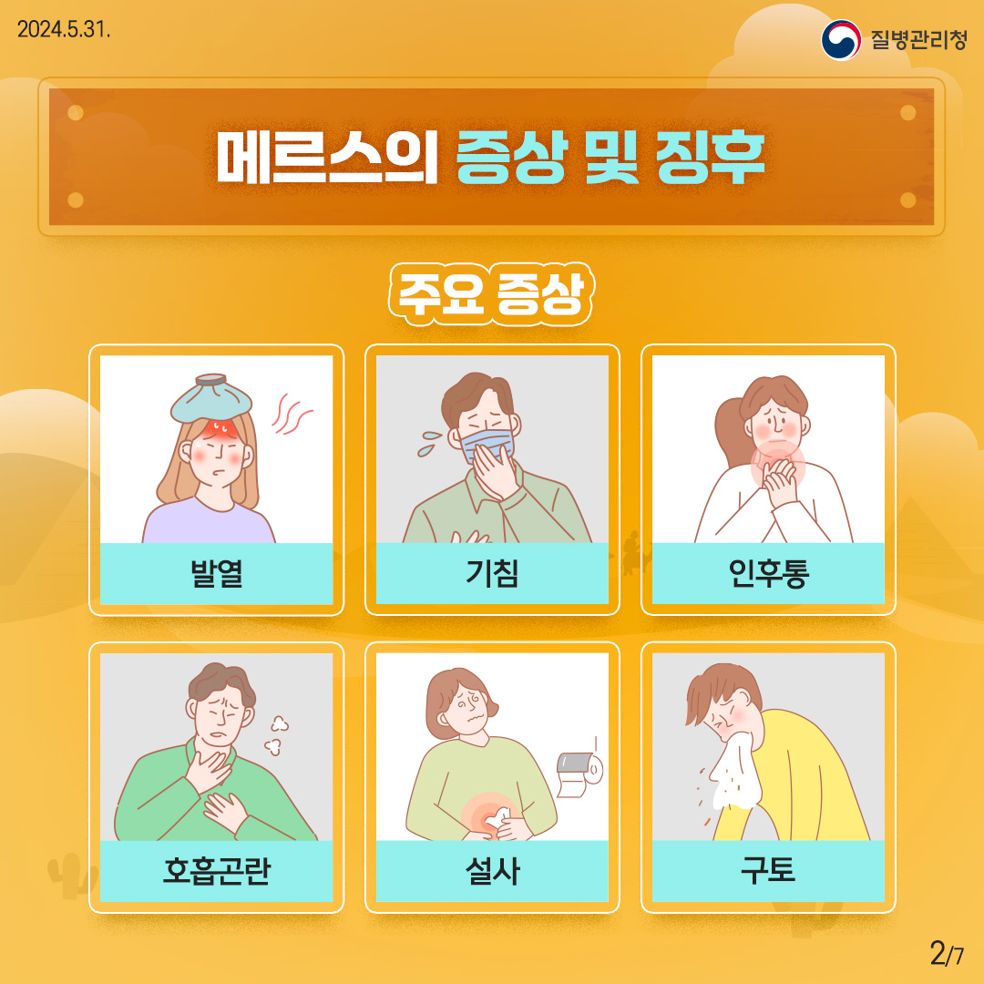 메르스의 증상 및 징후 <주요 증상> - 발열 - 기침 - 인후통 - 호흡곤란 - 설사 - 구토