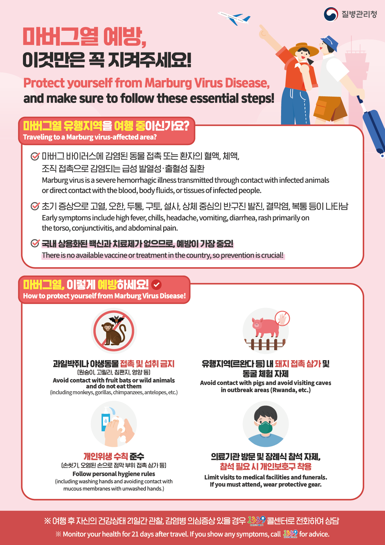 질병관리청 Korea Disease Control and Prevention Agency   마버그열 예방,  이것만은 꼭 지켜주세요! Protect yourself from Marburg Virus Disease,  and make sure to follow these essential steps!  마버그열 유행지역을 여행중이신가요? Traveling to a Marburg virus-affected area?  마버그 바이러스에 감염된 동물 접촉 또는 환자의 혈액, 체액,  조직 접촉으로 감염되는 급성 발열성•출혈성 질환 Marburg virus is a severe hemorrhagic illness transmitted through contact with infected animals  or direct contact with the blood, body fluids, or tissues of infected people.  초기 증상으로 고열, 오한, 두통, 구토, 설사, 상체 중심의 반구진 발진, 결막염, 복통 등이 나타남 Early symptoms include high fever, chills, headache, vomiting, diarrhea, rash primarily on  the torso, conjunctivitis, and abdominal pain.  국내 상용화된 백신과 치료제가 없으므로, 예방이 가장 중요! There is no available vaccine or treatment in the country, so prevention is key!  마버그열, 이렇게 예방하세요! How to protect yourself from Marburg Virus Disease  과일박쥐나 야생동물 접촉 및 섭취 금지 (원숭이, 고릴라, 침팬지, 영양 등) Avoid contact with fruit bats or wild animals and do not eat them (including monkeys, gorillas, chimpanzees, antelopes, etc.)  유행지역(르완다 등) 내 돼지 접촉 삼가 및 동굴 체험 자제  Avoid contact with pigs and avoid visiting caves in outbreak areas (Rwanda, etc.)  개인위생 수칙 준수 (손씻기, 오염된 손으로 점막 부위 접촉 삼가 등) Follow personal hygiene rules (including washing hands and avoiding contact with mucous membranes with unwashed hands.)  의료기관 방문 및 장례식 참석 자제,  참석 필요 시 개인보호구 착용 Limit visits to medical facilities and funerals.  If you must attend, wear protective gear.  ※여행 후 자신의 건강상태 21일간 관찰, 감염병 의심증상 있을 경우 1339 콜센터로 전화하여 상담  ※Monitor your health for 21 days after travel. If you show any symptoms, call 1339 for advice.