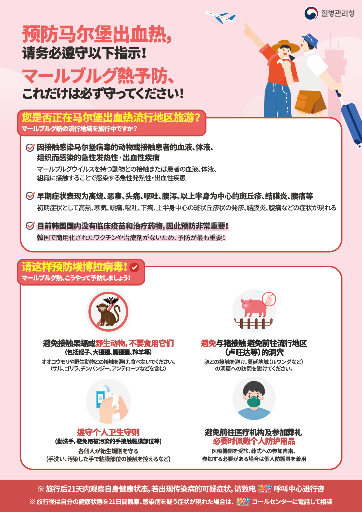  预防马尔堡出血热，  请务必遵守以下指示！ マールブルグ熱予防、  これだけは必ず守ってください！   您是否正在马尔堡出血热流行地区旅游？ マールブルグ熱の流行地域を旅行中ですか？   因接触感染马尔堡病毒的动物或接触患者的血液、体液、  组织而感染的急性发热性·出血性疾病 マールブルグウイルスを持つ動物との接触または患者の血液、体液、  組織に接触することで感染する急性発熱性・出血性疾患   早期症状表现为高烧、恶寒、头痛、呕吐、腹泻、以上半身为中心的斑丘疹、 结膜炎、腹痛等 初期症状として高熱、寒気、頭痛、嘔吐、下痢、上半身中心の斑状丘疹状の発疹、 結膜炎、腹痛などの症状が現れる  目前韩国国内没有临床疫苗和治疗药物，因此预防非常重要！ 韓国で商用化されたワクチンや治療剤がないため、予防が最も重要！   请这样预防马尔堡出血热！ マールブルグ熱、こうやって予防しましょう！   避免接触果蝠或野生动物，不要食用它们（包括猴子、大猩猩、黑猩猩、羚羊等） オオコウモリや野生動物との接触を避け、食べないでください。 （サル、ゴリラ、チンパンジー、アンテロープなどを含む）   避免与猪接触 避免前往流行地区（卢旺达等）的洞穴 豚との接触を避け、蔓延地域（ルワンダなど）の洞窟への訪問を避けてください。   遵守个人卫生守则 (勤洗手，避免用被污染的手接触黏膜部位等) 各個人が衛生規則を守る (手洗い、汚染した手で粘膜部位の接触を控えるなど)   避免前往医疗机构及参加葬礼  必要时佩戴个人防护用品 医療機関を受診、葬式への参加自粛、  参加する必要がある場合は個人防護具を着用    ※旅行后21天内观察自身健康状态，若出现传染病的可疑症状，请致电1339呼叫中心进行咨询 ※旅行後は自分の健康状態を21日間観察、感染病を疑う症状が現れた場合は、1339コールセンターに電話して相談