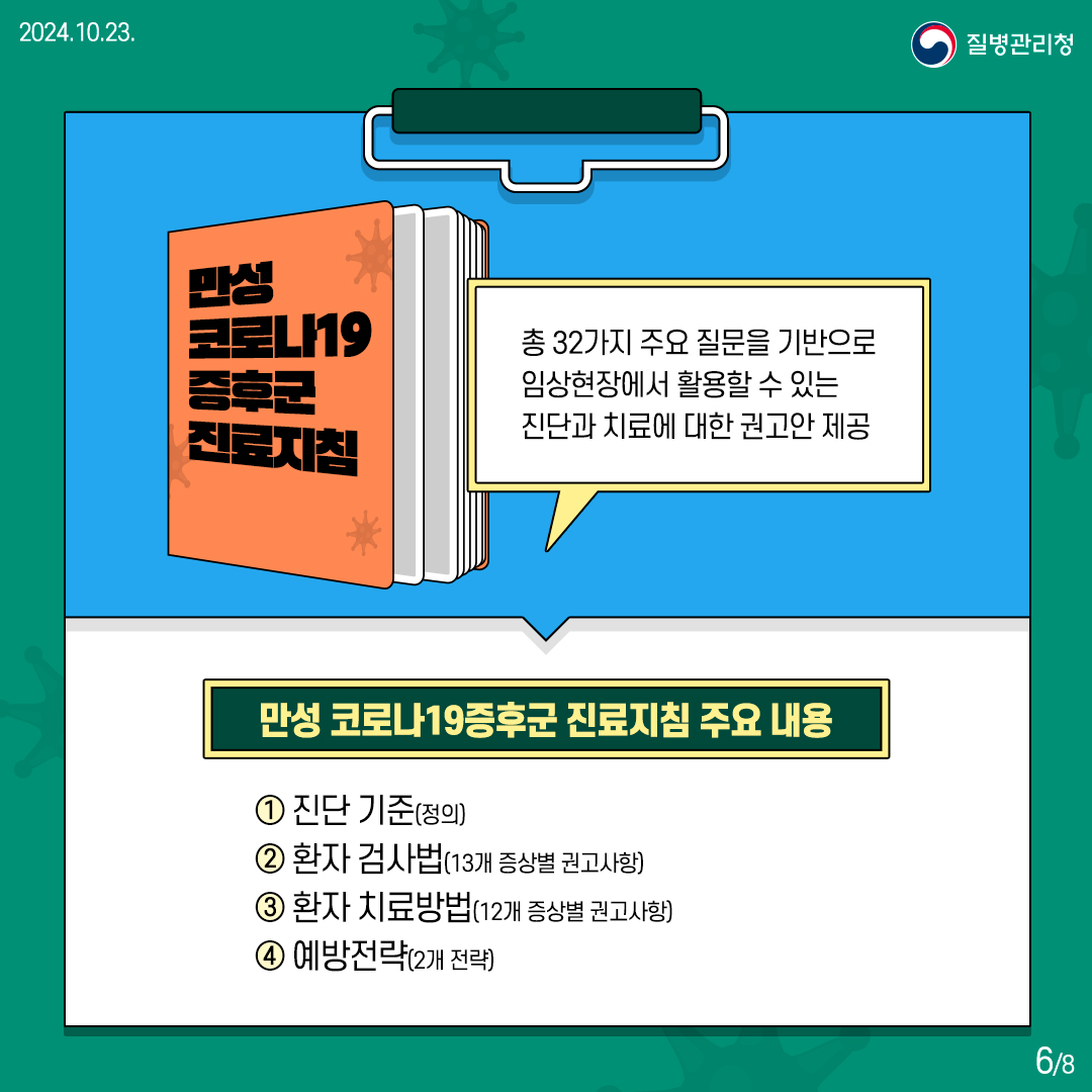 [만성 코로나19증후군 진료지침] 총 32가지 주요 질문을 기반으로 임상현장에서 활용할 수 있는 진단과 치료에 대한 권고안 제공  [만성 코로나19증후군 진료지침 주요 내용] 1. 진단 기준(정의) 2. 환자 검사법(13개 증상별 권고사항) 3. 환자 치료방법(12개 증상별 권고사항) 4. 예방전략(2개 전략)