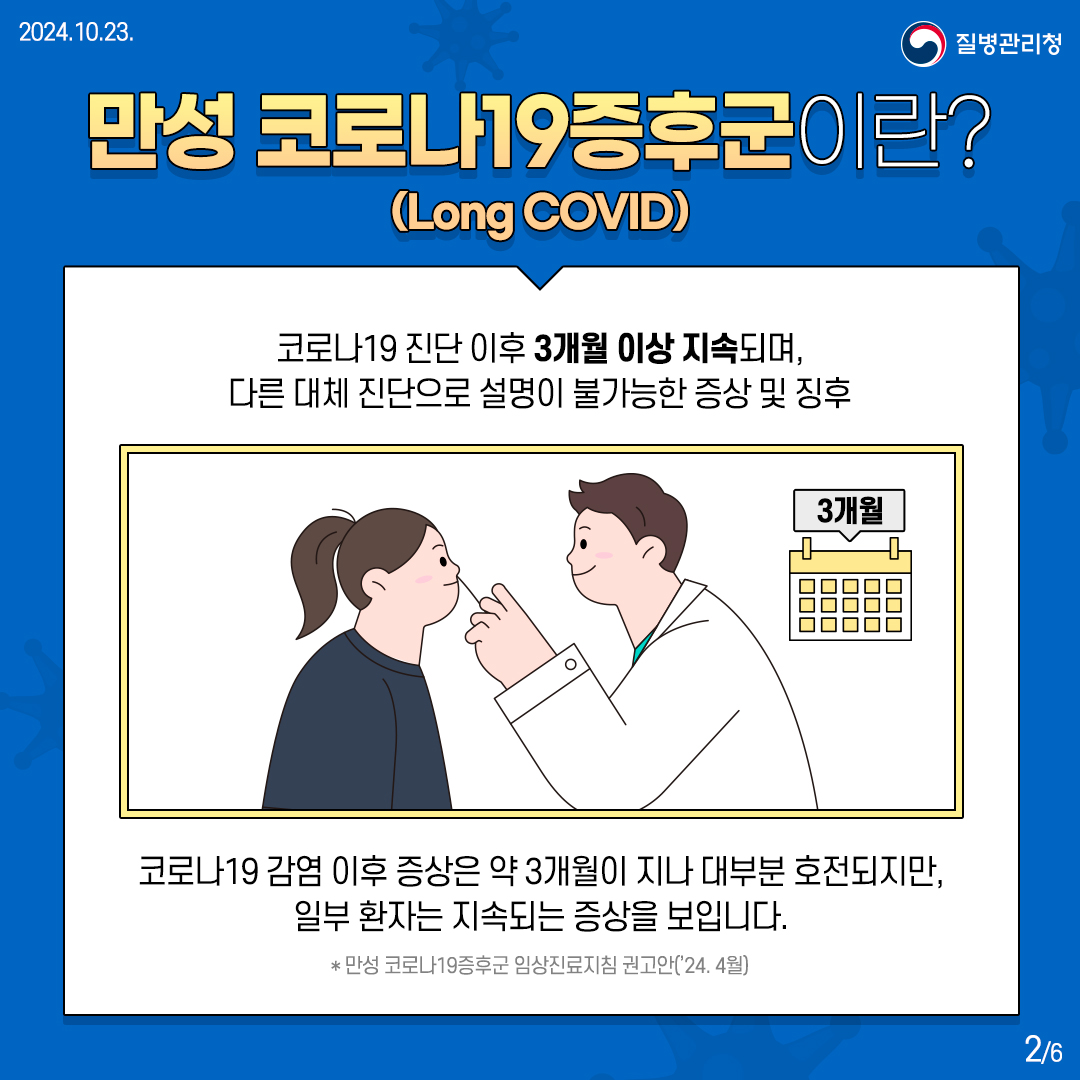 만성 코로나19증후군(Long COVID)이란?  코로나19 진단 이후 3개월 이상 지속되며, 다른 대체 진단으로 설명이 불가능한 증상 및 징후  코로나19 감염 이후 증상은 약 3개월이 지나 대부분 호전되지만, 일부 환자는 지속되는 증상을 보입니다.