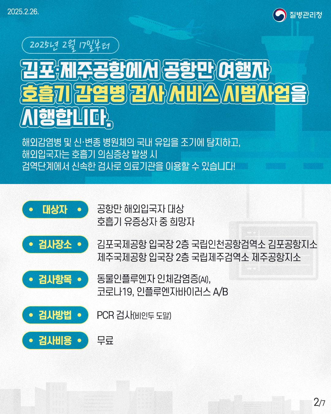 2025년 2월 17일부터  김포·제주공항에서 공항만 여행자 호흡기 감염병 검사 서비스 시범사업을 시행합니다.  해외감염병 및 신·변종 병원체의 국내 유입을 조기에 탐지하고, 해외입국자는 호흡기 의심증상 발생 시 검역단계에서 신속한 검사로 의료기관을 이용할 수 있습니다!  대상자 공항만 해외입국자 대상 호흡기 유증상자 중 희망자  검사장소 김포국제공항 입국장 2층 국립인천공항검역소 김포공항지소 제주국제공항 입국장 2층 국립제주검역소 제주공항지소  검사항목 동물인플루엔자 인체감염증(AI), 코로나19, 인플루엔자바이러스 A/B  검사방법 PCR 검사(비인두 도말)  검사비용 무료