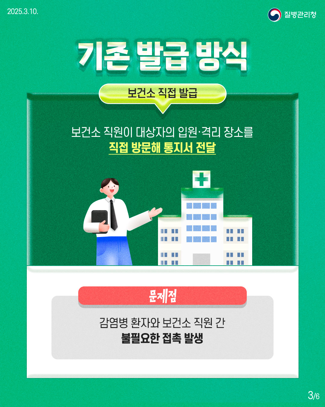 기존 발급 방식  보건소 직접 발급 보건소 직원이 대상자의 입원·격리 장소를 직접 방문해 통지서 전달  문제점 감염병 환자와 보건소 직원 간 불필요한 접촉 발생