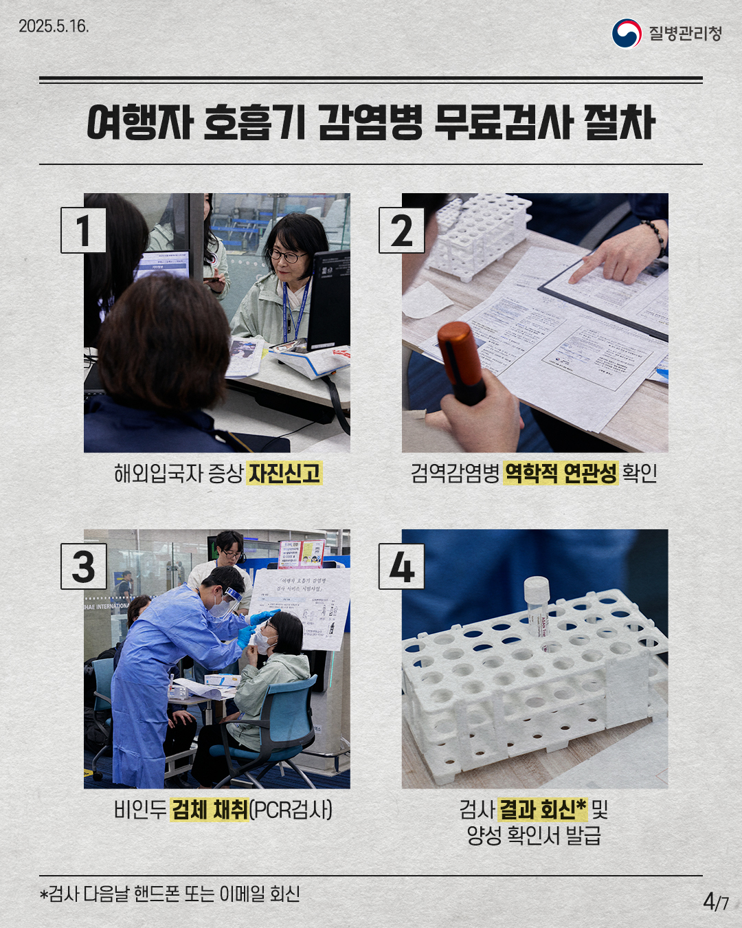여행자 호흡기 감염병 무료검사 절차 1 해외입국자 증상 자진신고 2 검역감염병 역학적 연관성 확인 3 비인두 검체 채취(PCR검사) 4 검사 결과 회신* 및 양성 확인서 발급 *검사 다음날 핸드폰 또는 이메일 회신
