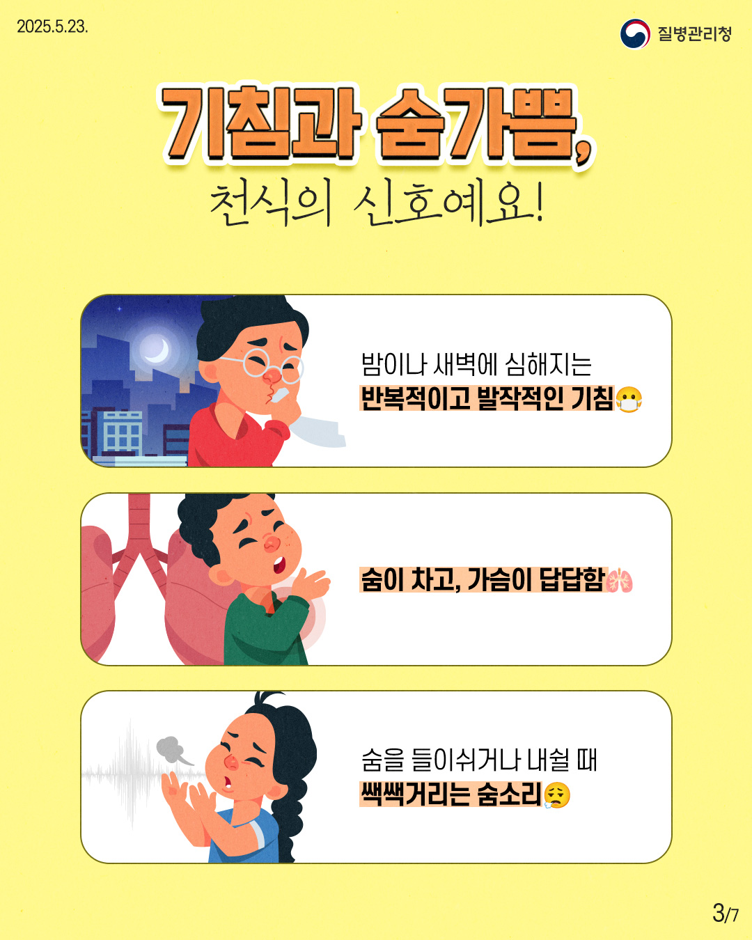 2025.5.23. 질병관리청 3P 기침과 숨가쁨, 천식의 신호예요! - 밤이나 새벽에 심해지는 반복적이고 발작적인 기침 - 숨이 차고, 가슴이 답답함 - 숨을 들이쉬거나 내쉴 때 쌕쌕거리는 숨소리