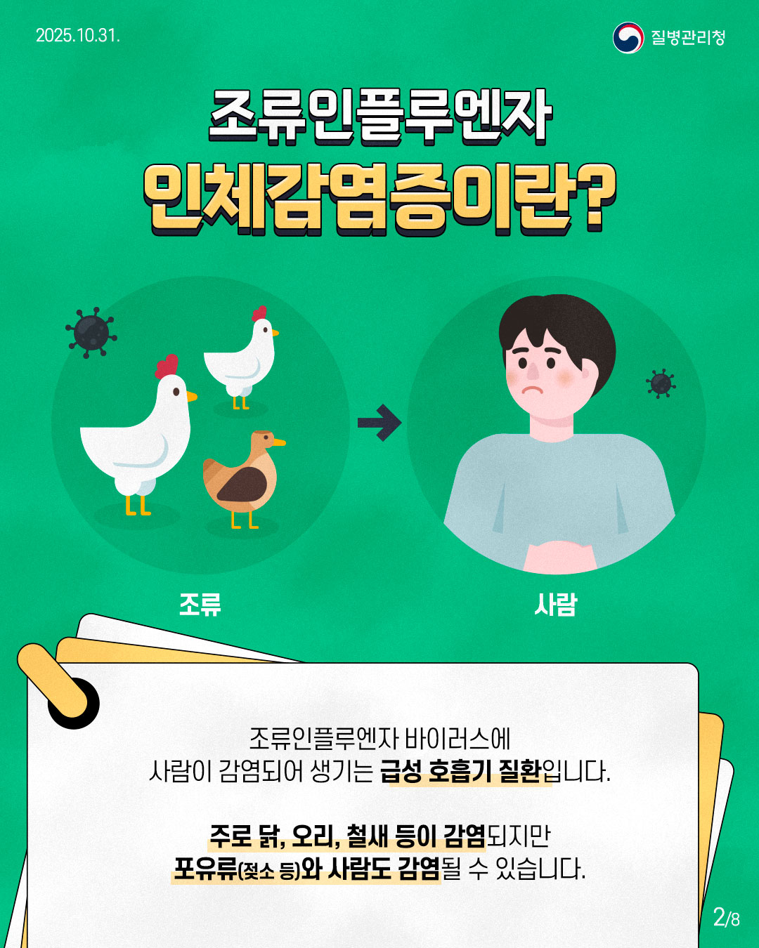 조류인플루엔자 인체감염증이란? 조류인플루엔자 바이러스에 사람이 감염되어 생기는 급성 호흡기 질환입니다. 주로 닭, 오리, 철새 등이 감염되지만 포유류(젖소 등)와 사람도 감염될 수 있습니다.