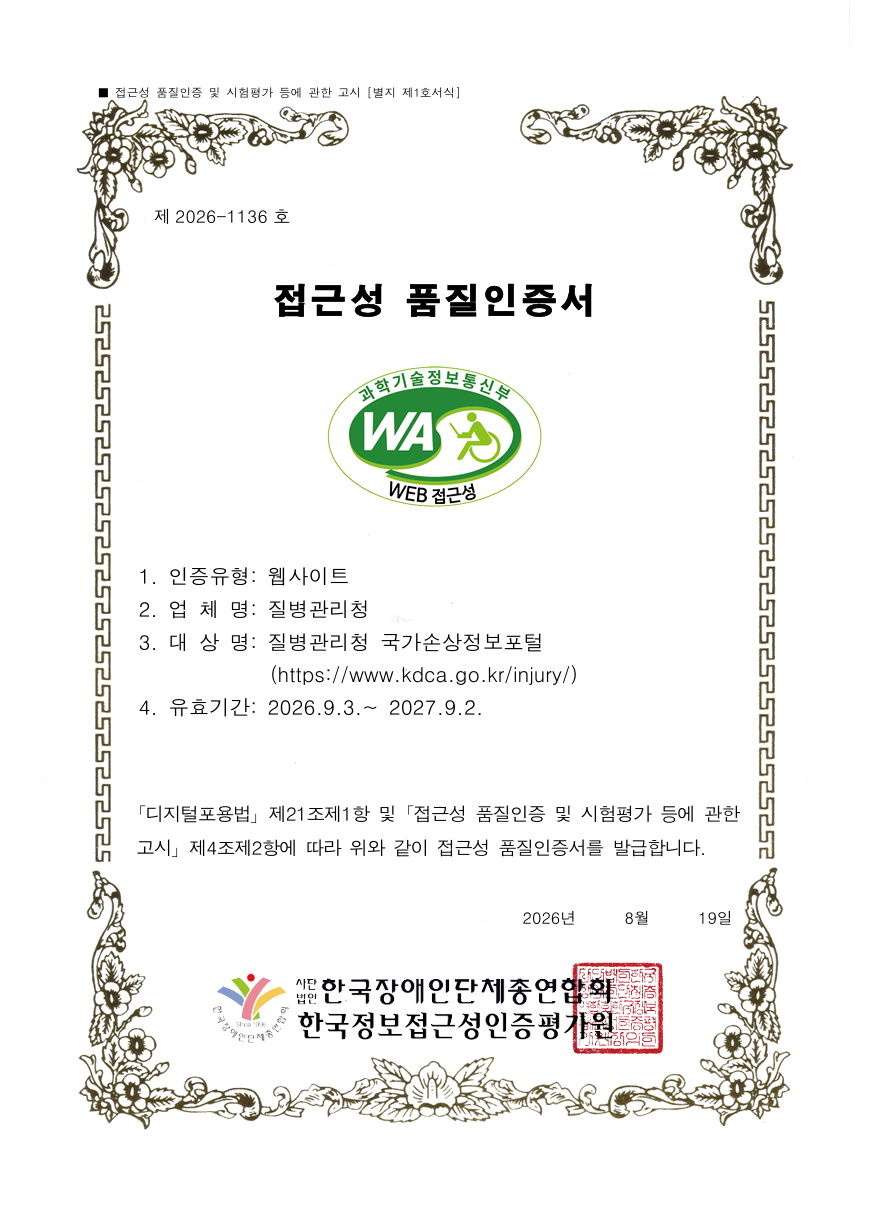 접근성 품질인증 및 시험평가 등에 관한 고시 [별지 제1호서식] 제 2026-1136호 접근성 품질인증서 
                                              과학기술정보통신부 WA WEB접근성
                          1. 인증유형 : 웹사이트
                          2. 업체명 : 질병관리청
                          3. 대상명 : 질병관리청 국가손상정보포털 (https://www.kdca.go.kr/injury/)
                          4.유효기간 : 2026.09.03 ~ 2027.09.02, 
                          [디지털포용법] 제21조제1항 및 ｢접근성 품질인증 및 시험평가 등에 관한 고시｣ 제4조제2항에 따라 위와 같이 접근성 품질인증서를 발급합니다.
                          2026년 8월 19일
                          사단법인 한국장애인단체총연합회, 한국정보접근성인증평가원